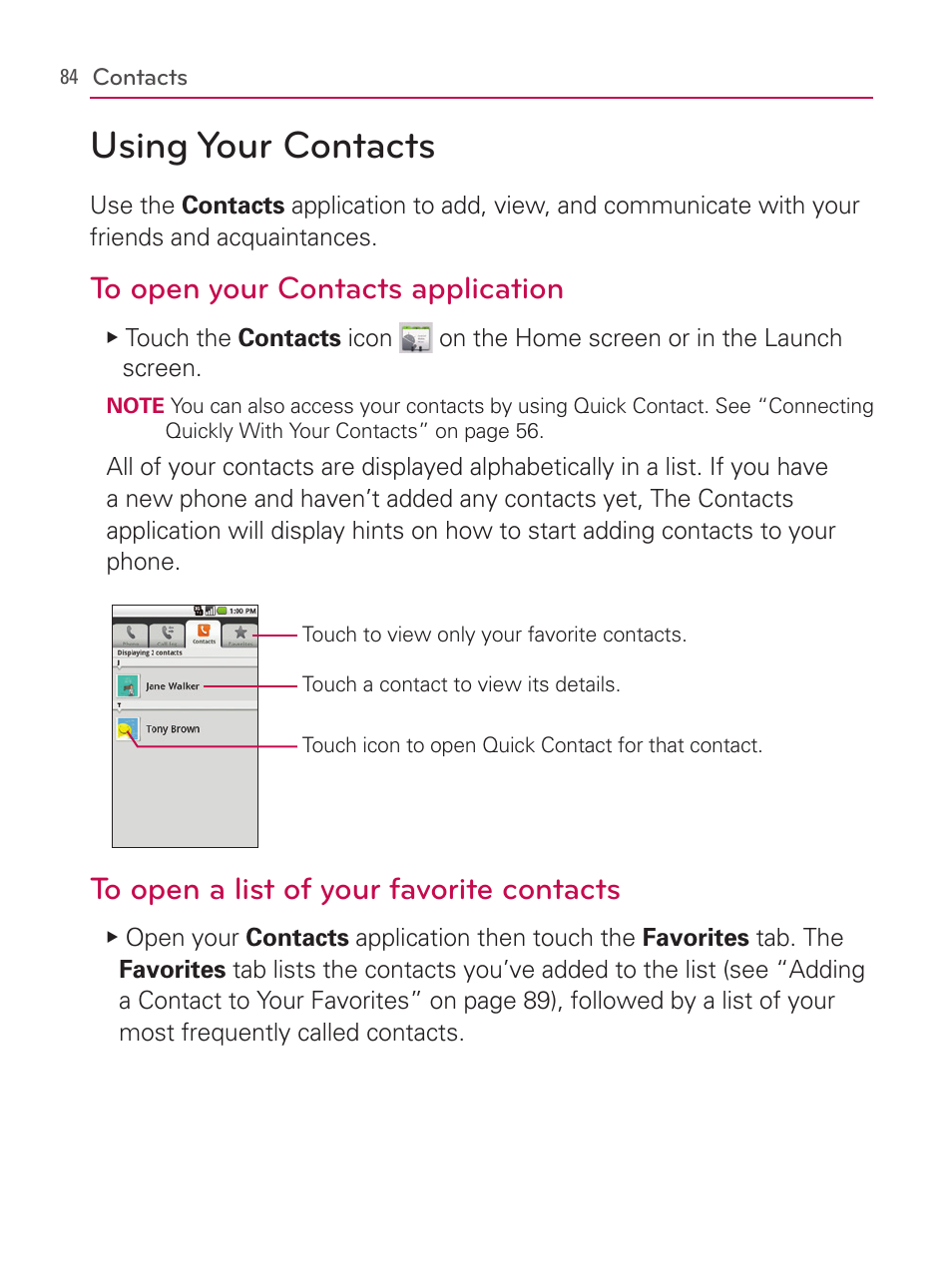 Contacts, Using your contacts | LG AS740 User Manual | Page 85 / 308