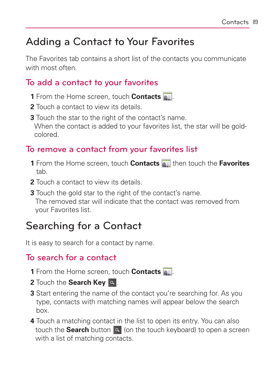 Adding a contact to your favorites, Searching for a contact | LG AS740 User Manual | Page 90 / 308