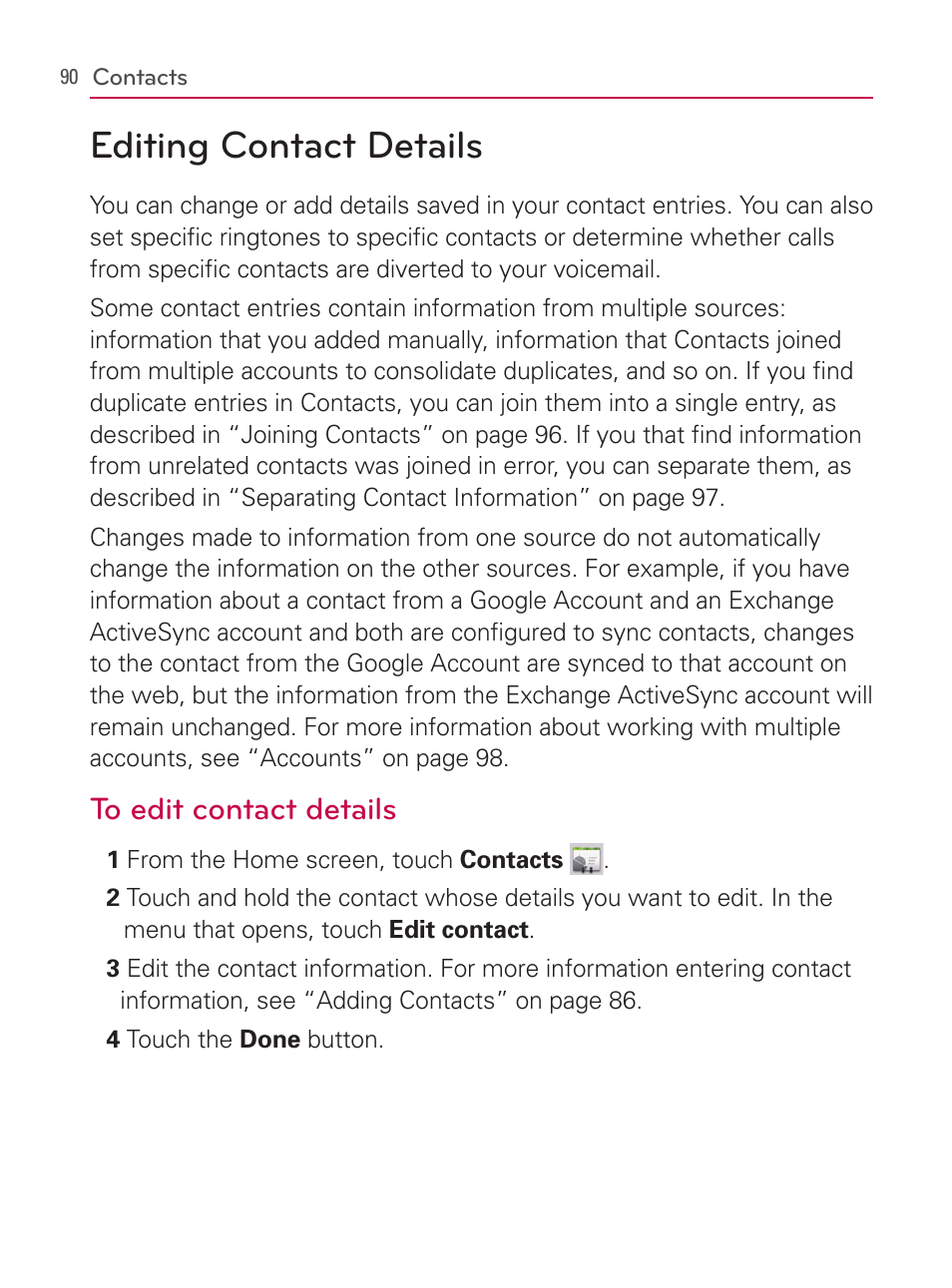 Editing contact details | LG AS740 User Manual | Page 91 / 308