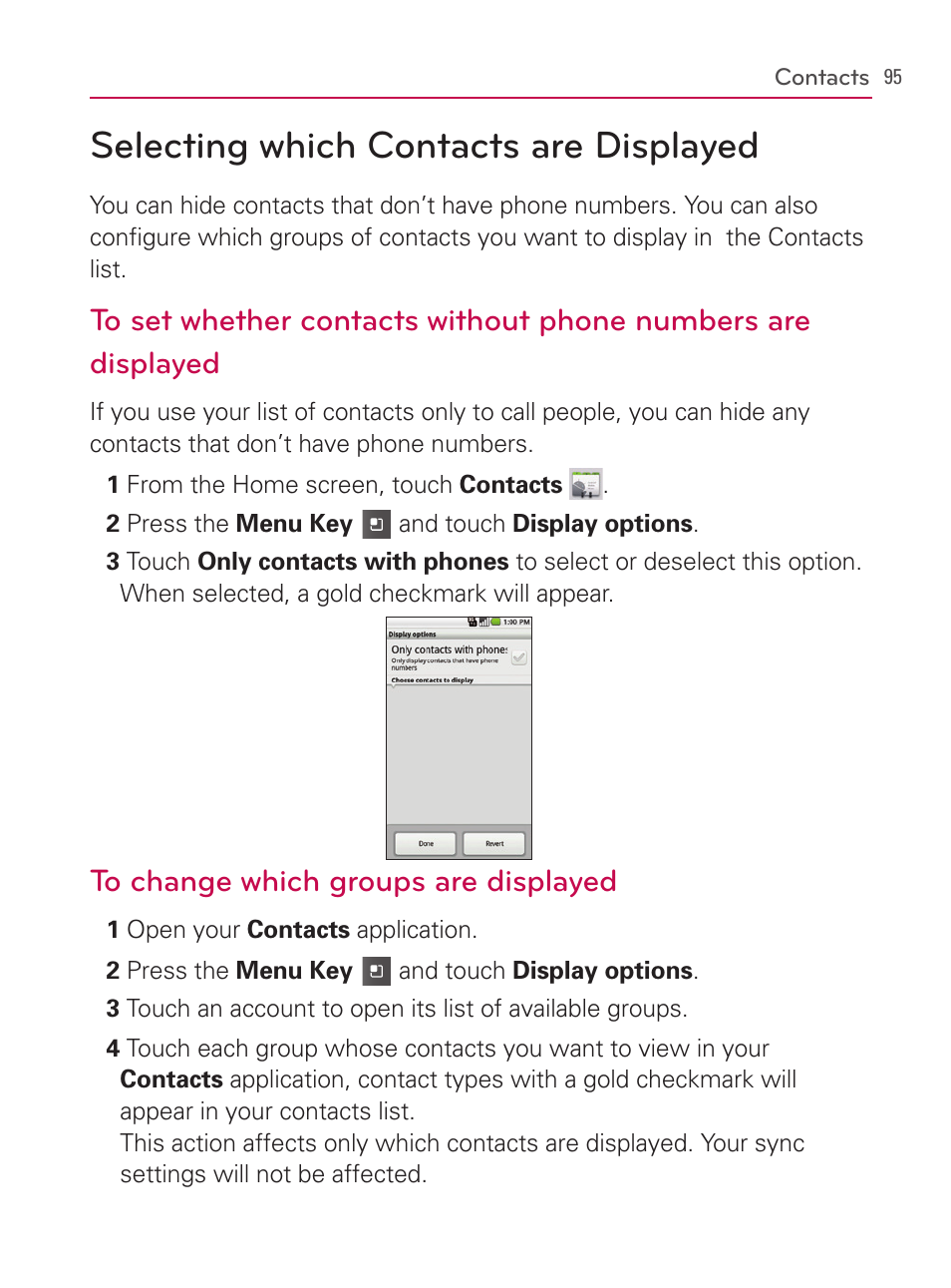 Selecting which contacts are displayed | LG AS740 User Manual | Page 96 / 308