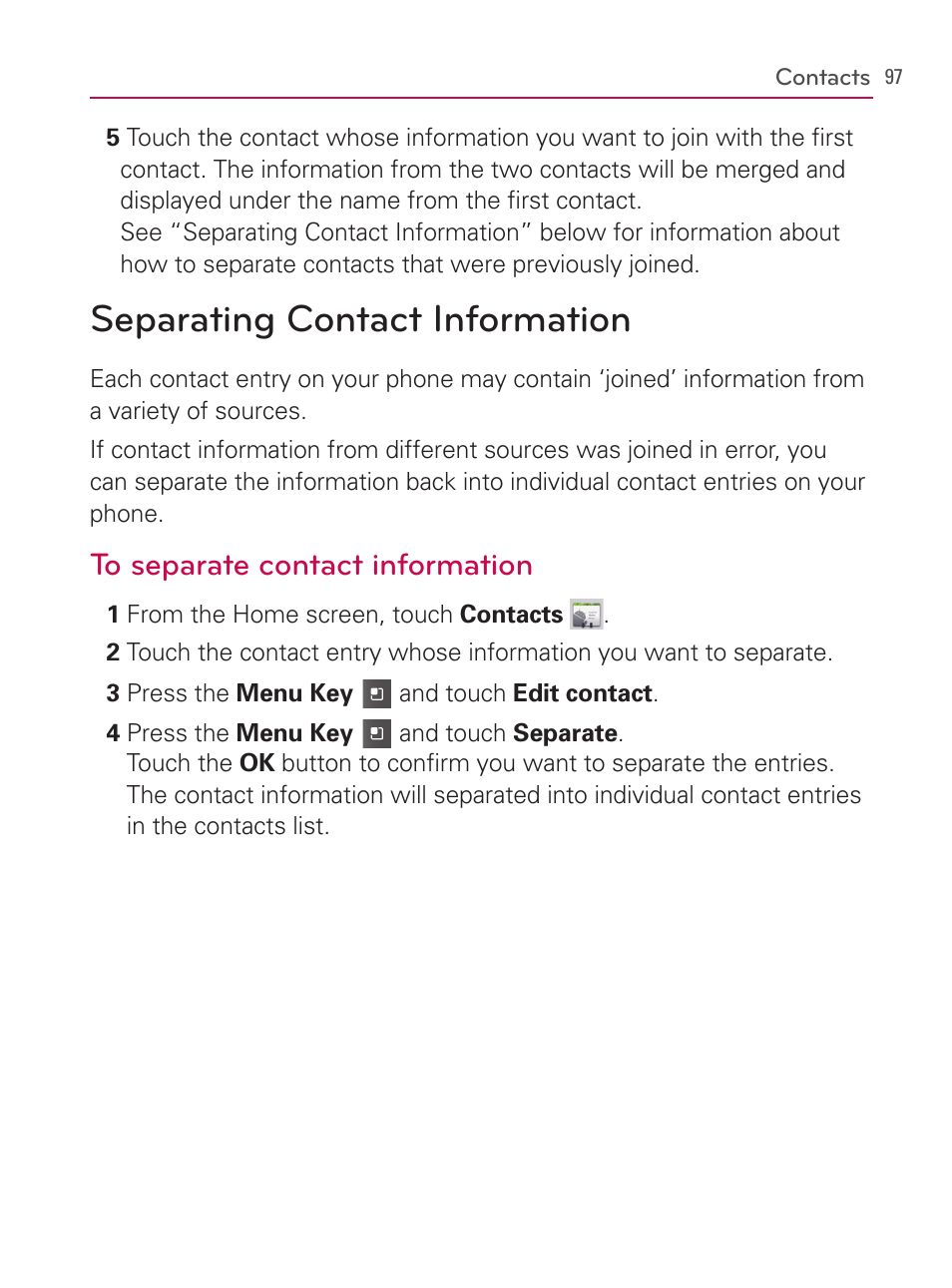 Separating contact information | LG AS740 User Manual | Page 98 / 308