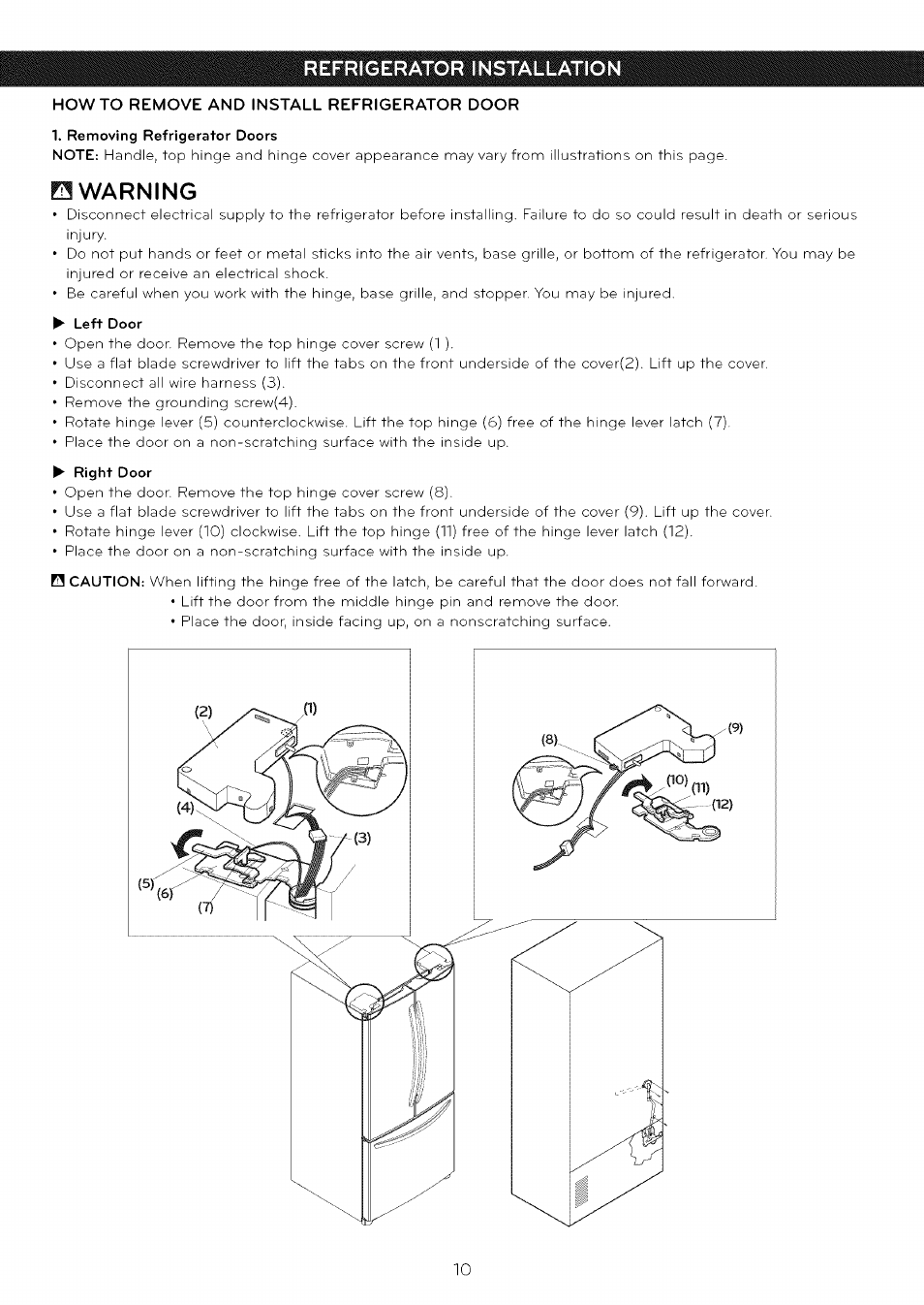 Howto remove and install refrigerator door, Removing refrigerator doors, 0 warning | Left door, Righf door, Refrigerator installation | LG LFC25765 User Manual | Page 11 / 31