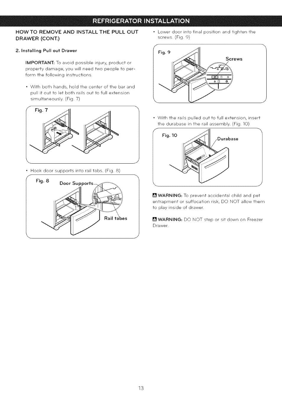 Installing pull out drawer, Refrigerator installation | LG LFC25765 User Manual | Page 14 / 31