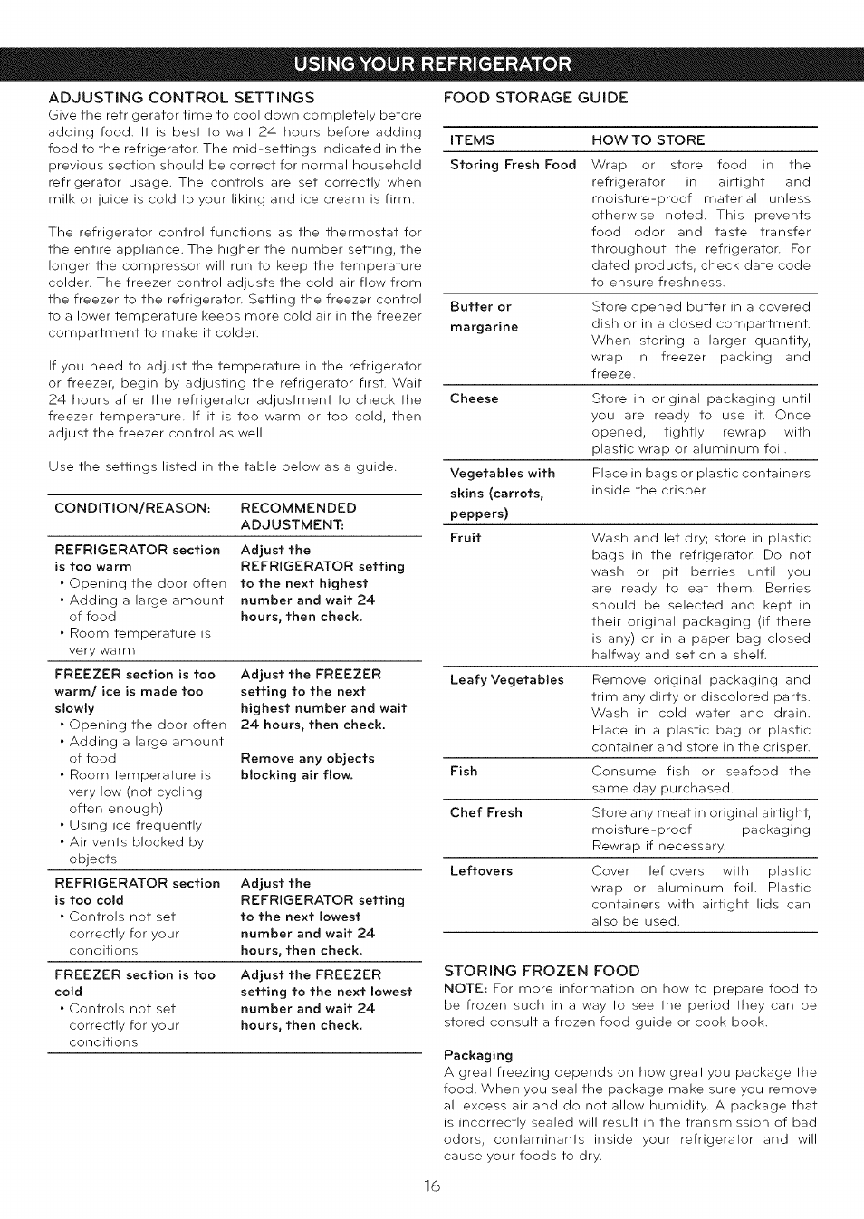 Adjusting control settings, Food storage guide, Storing frozen food | Using your refrigerator | LG LFC25765 User Manual | Page 17 / 31