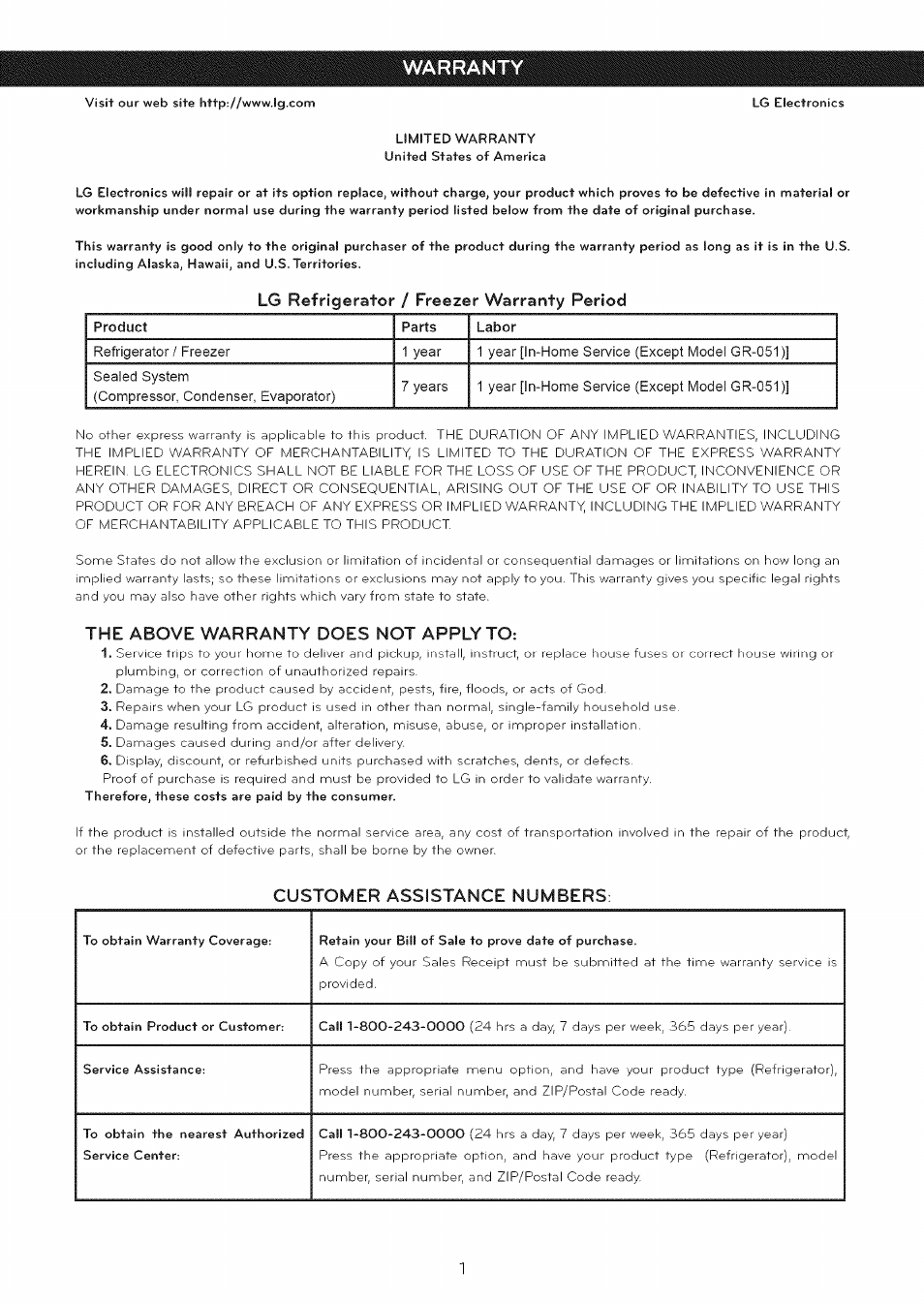 Warranty, Lg refrigerator / freezer warranty period, The above warranty does not apply to | Customer assistance numbers, Lg refrigerator / freezer, Period | LG LFC25765 User Manual | Page 2 / 31