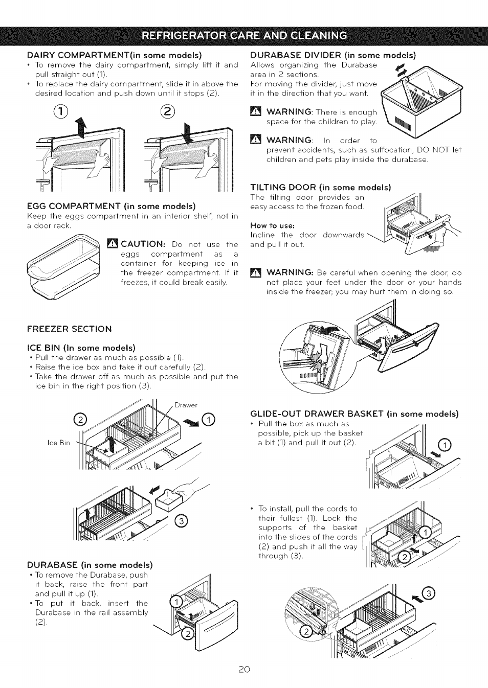 Dairy compartment(in some models), Egg compartment (in some models), Freezer section | Ice bin (in some models), Durabase (in some models), Durabase divider (in some models), Tilting door (in some models), How to use, Glide-out drawer basket (in some models), Refrigerator care and cleaning | LG LFC25765 User Manual | Page 21 / 31