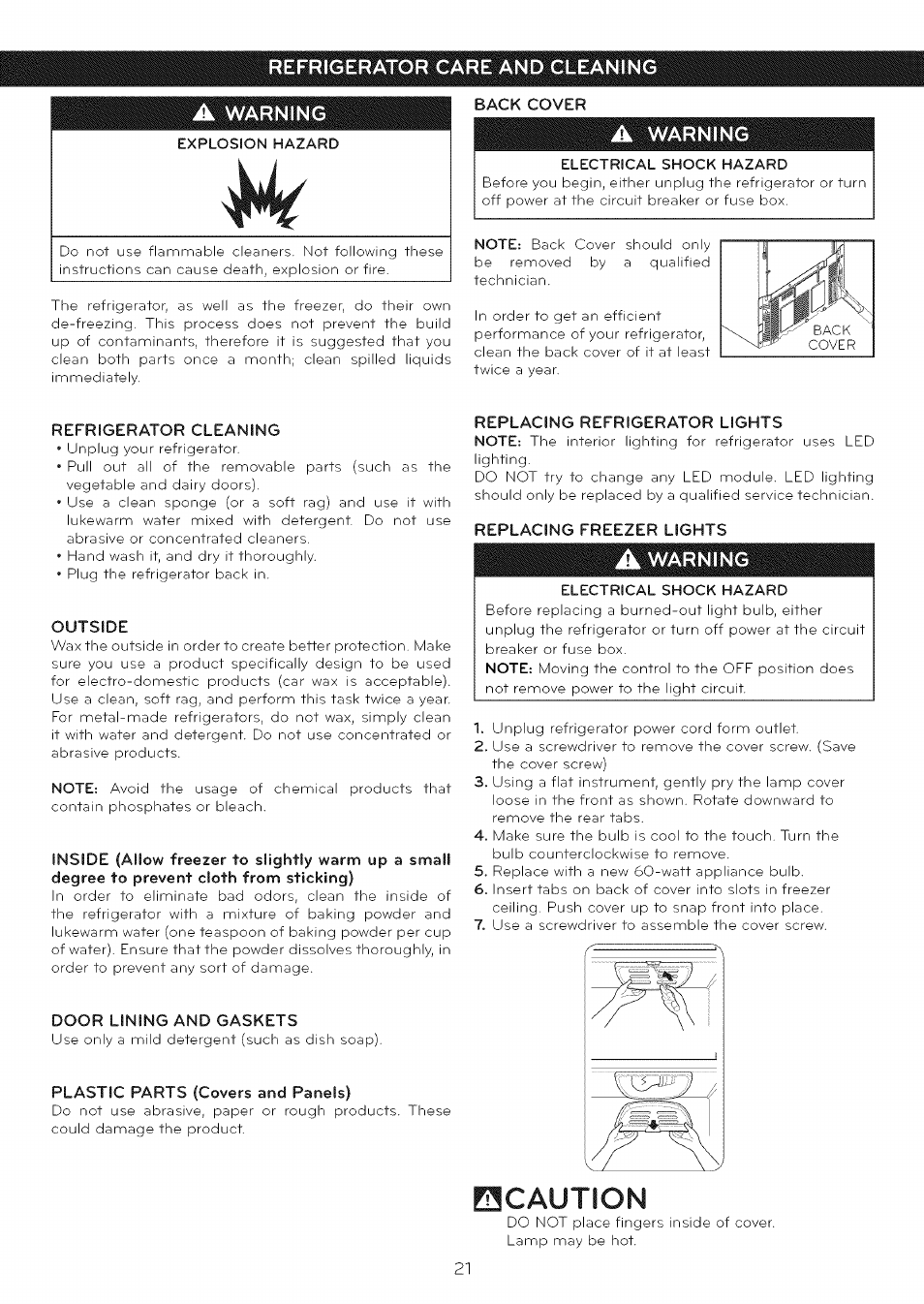 A warning, Back cover, Refrigerator cleaning | Outside, Door lining and gaskets, Plastic parts (covers and panels), Replacing refrigerator lights, Replacing freezer lights, 0caution, Refrigerator care and cleaning a | LG LFC25765 User Manual | Page 22 / 31