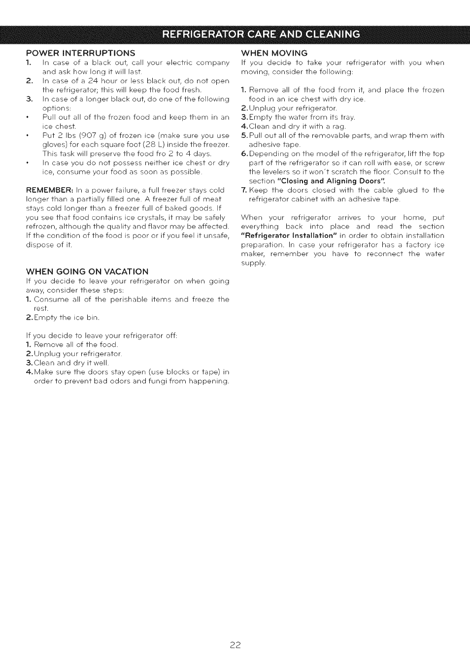 Power interruptions, When going on vacation, When moving | Refrigerator care and cleaning | LG LFC25765 User Manual | Page 23 / 31