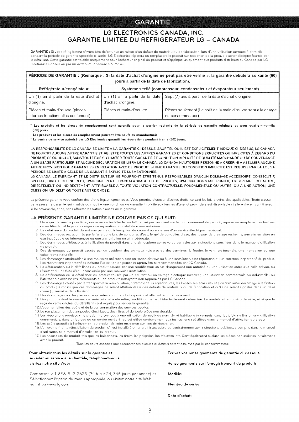 Garantie, Lg electronics canada, inc, Garantie limitee du refrigerateur lg - canada | LG LFC25765 User Manual | Page 4 / 31