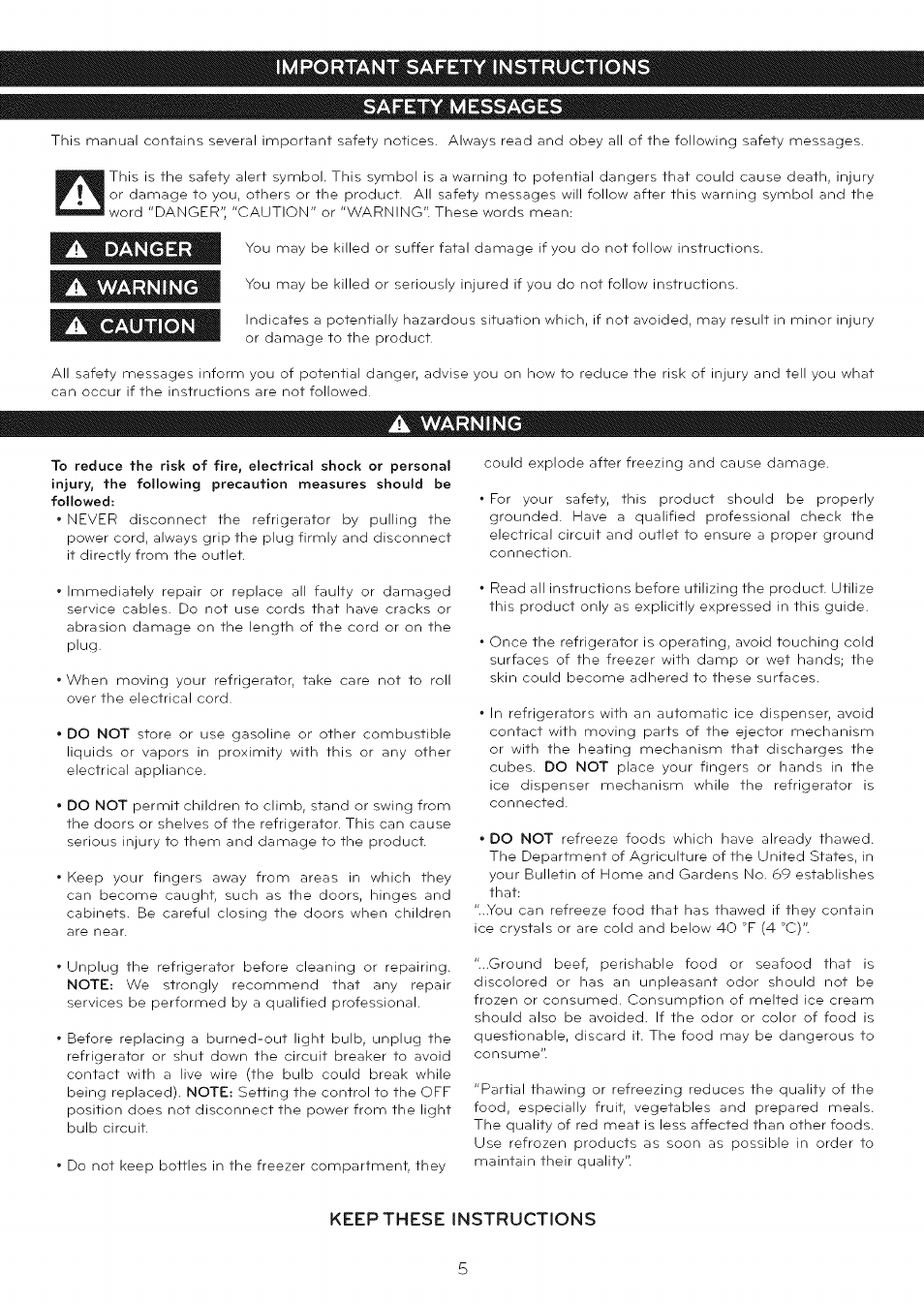 Important safety instructions, Safety messages, A danger | A warning, A caution, Keep these instructions, Important safety instructions safety messages, Danger, Warning, Caution | LG LFC25765 User Manual | Page 6 / 31