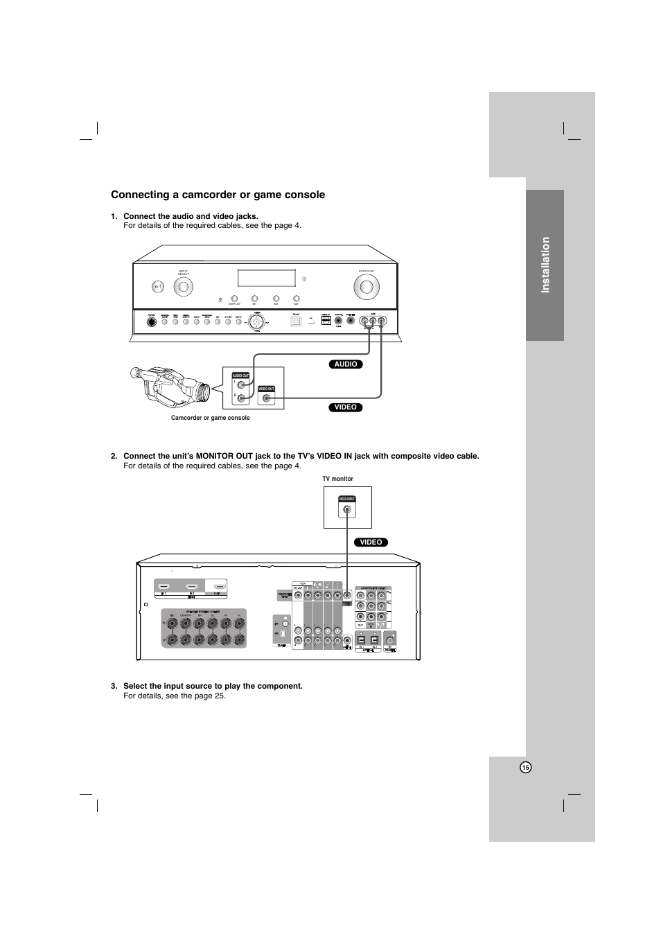 Connecting a camcorder or game console, Installation | LG AR702TS User Manual | Page 15 / 44