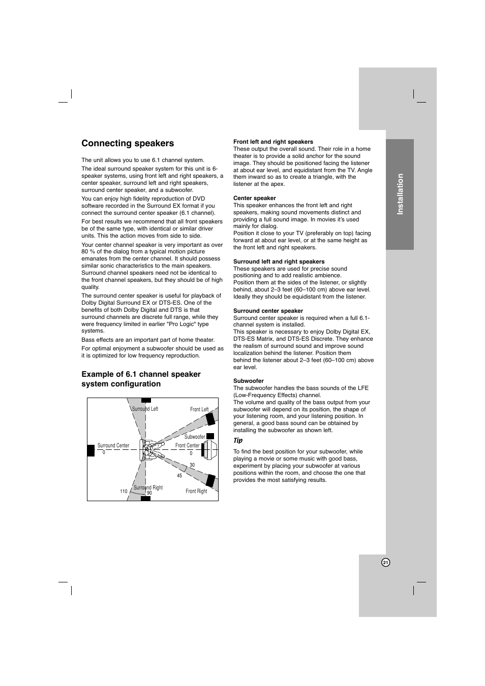 Connecting speakers, Installation | LG AR702TS User Manual | Page 21 / 44