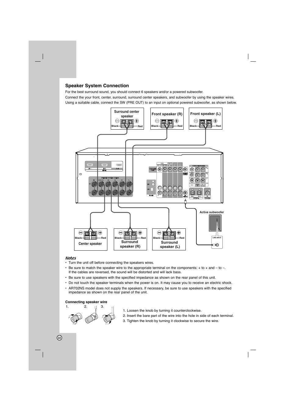 Speaker system connection | LG AR702TS User Manual | Page 22 / 44