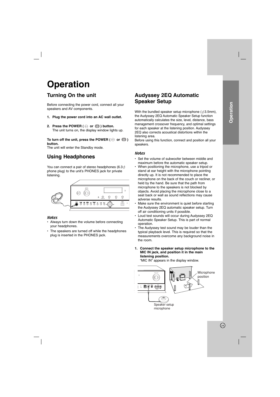 Turning on the unit, Using headphones, Audyssey 2eq automatic speaker setup | Operation, Master volume | LG AR702TS User Manual | Page 23 / 44