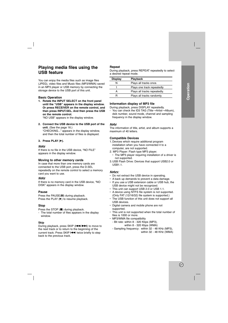 Playing media files using the usb feature, Operation | LG AR702TS User Manual | Page 27 / 44