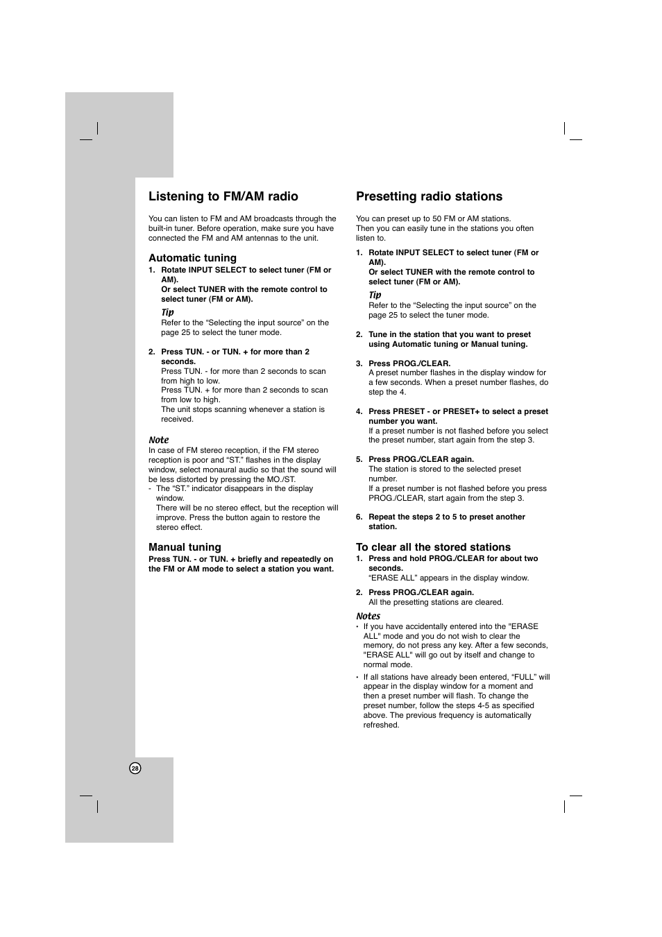 Listening to fm/am radio, Presetting radio stations, Automatic tuning | Manual tuning | LG AR702TS User Manual | Page 28 / 44