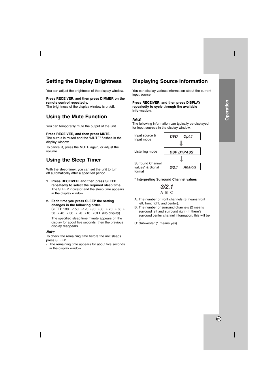 Setting the display brightness, Using the mute function, Using the sleep timer | Displaying source information | LG AR702TS User Manual | Page 29 / 44