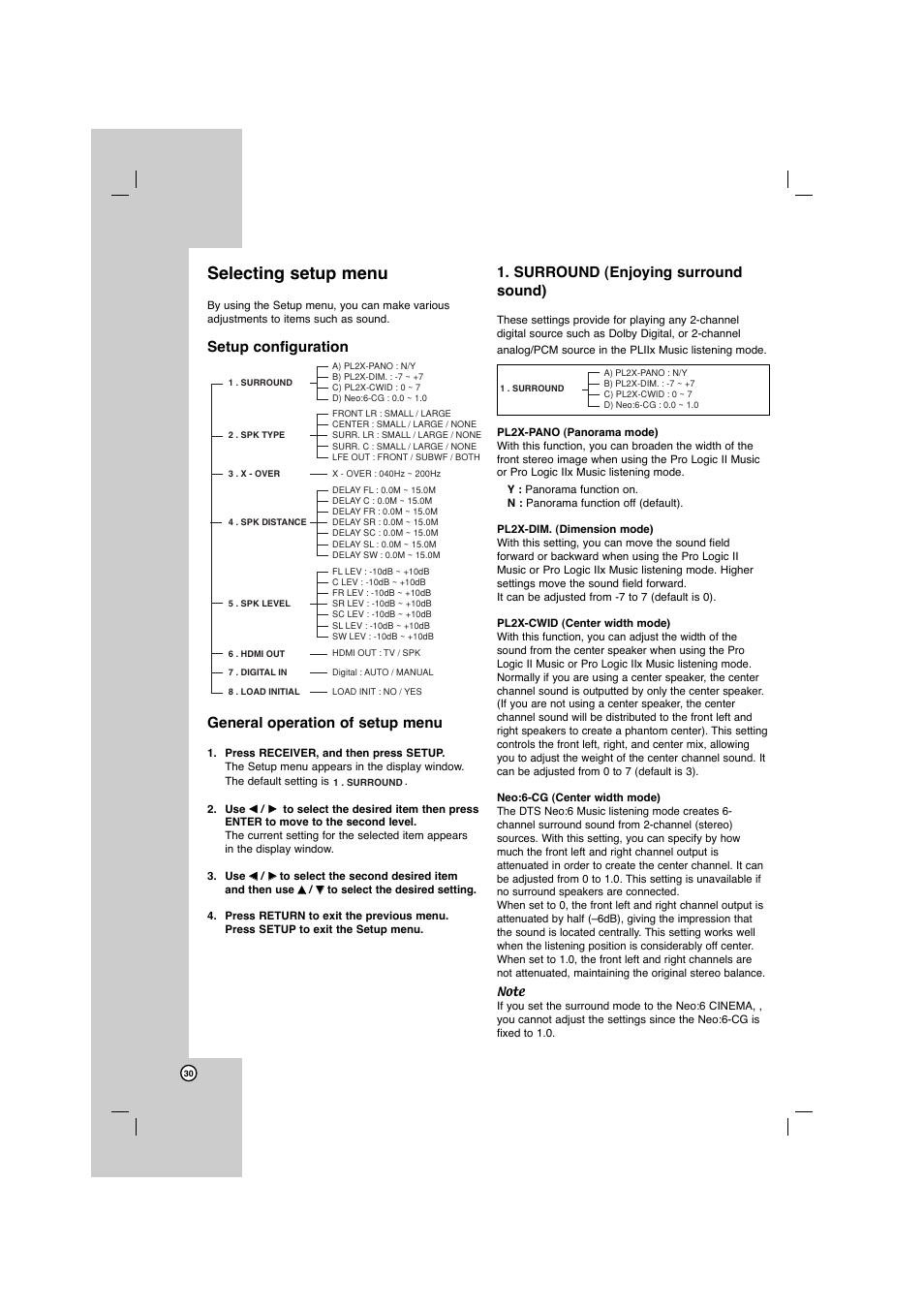 Selecting setup menu, Surround (enjoying surround sound) | LG AR702TS User Manual | Page 30 / 44