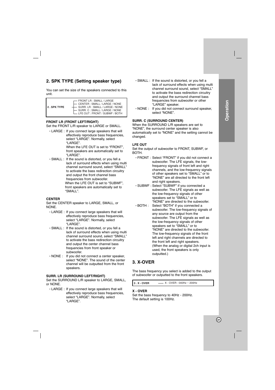 Operation 2. spk type (setting speaker type), X-over | LG AR702TS User Manual | Page 31 / 44