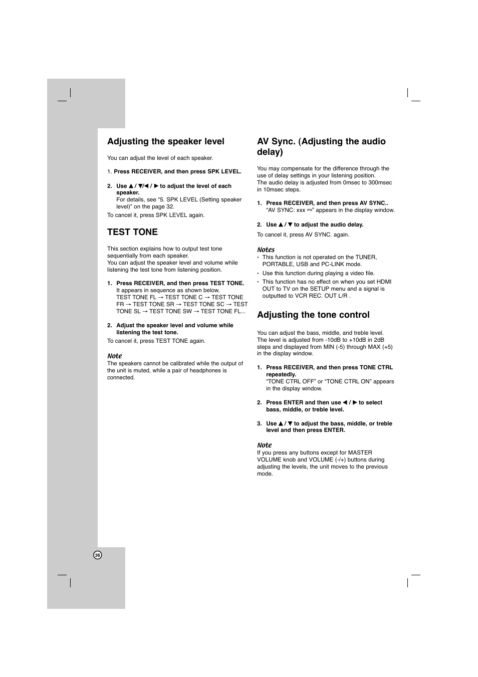 Adjusting the speaker level, Test tone, Av sync. (adjusting the audio delay) | Adjusting the tone control | LG AR702TS User Manual | Page 36 / 44