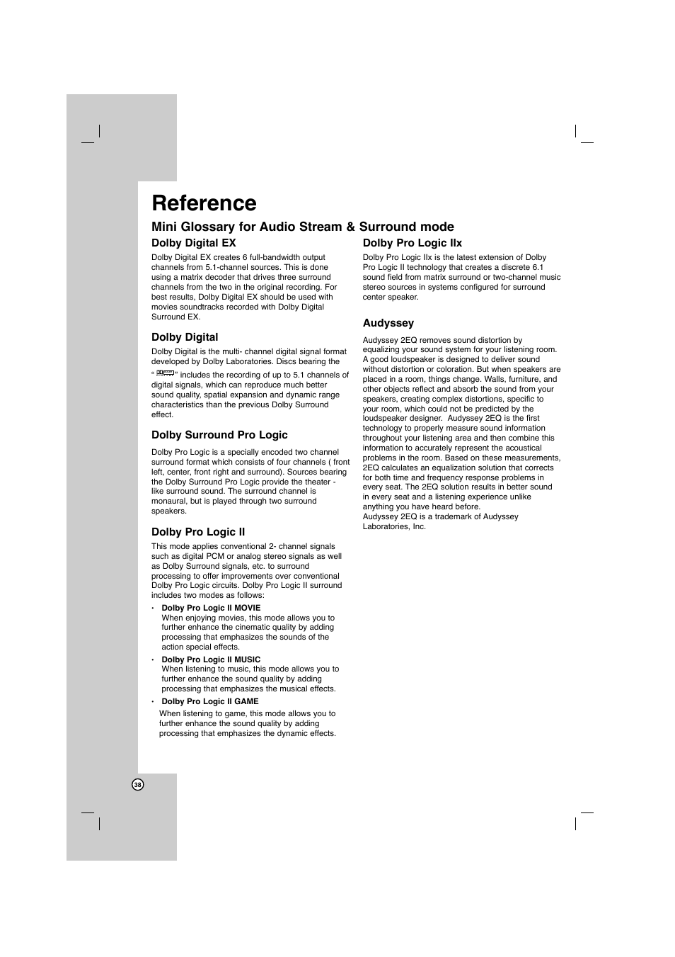 Reference, Mini glossary for audio stream & surround mode | LG AR702TS User Manual | Page 38 / 44