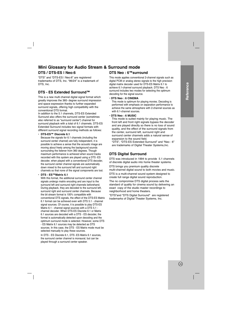 Mini glossary for audio stream & surround mode | LG AR702TS User Manual | Page 39 / 44