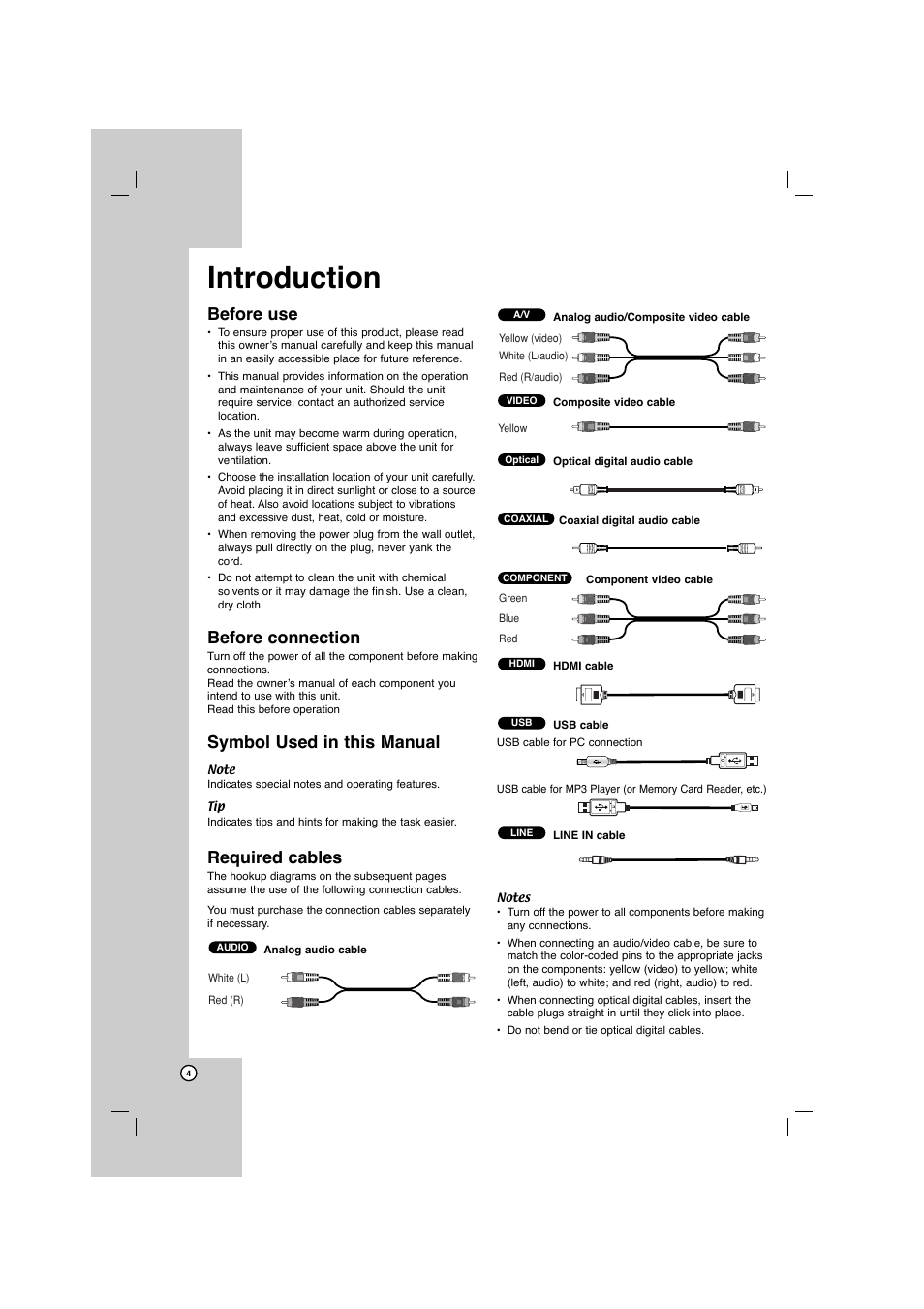 Introduction, Before use, Before connection | Symbol used in this manual, Required cables | LG AR702TS User Manual | Page 4 / 44