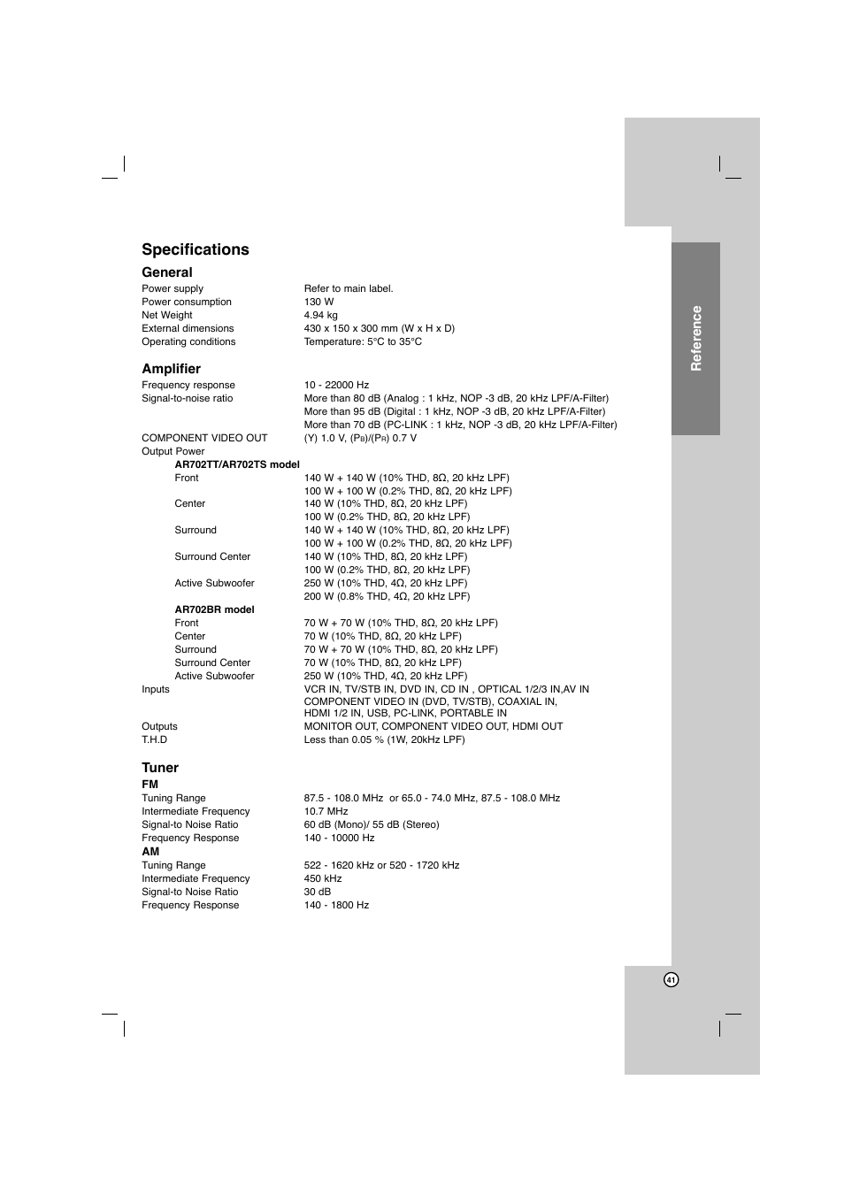 Specifications, Reference, General | Amplifier, Tuner | LG AR702TS User Manual | Page 41 / 44