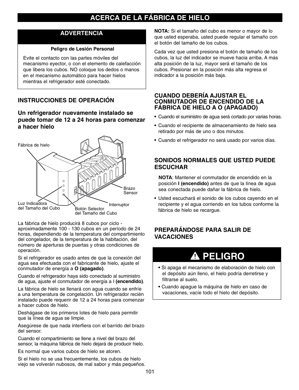 Peligro, Acerca de la fábrica de hielo | LG LFX21970 User Manual | Page 101 / 109