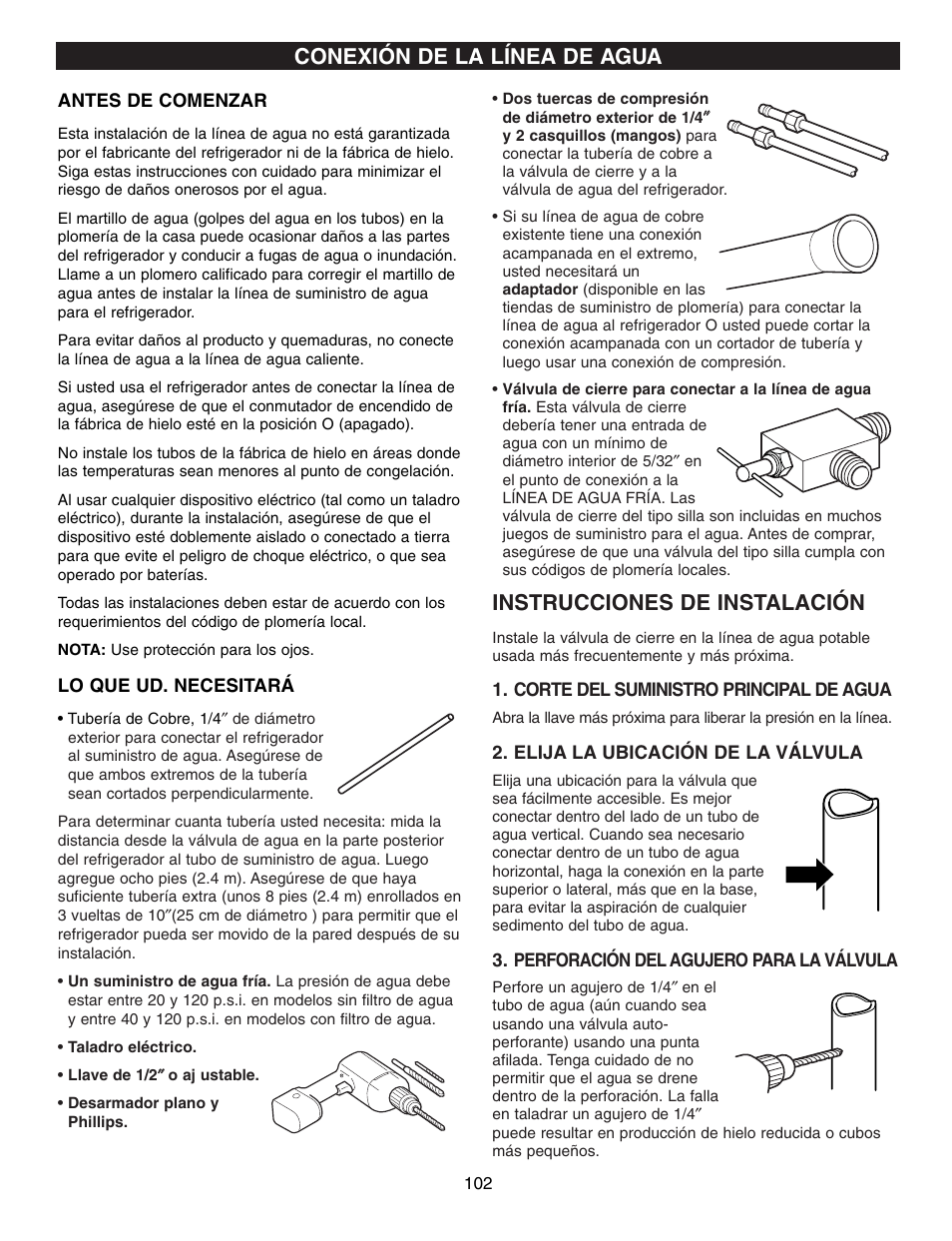 Instrucciones de instalación, Conexión de la línea de agua | LG LFX21970 User Manual | Page 102 / 109