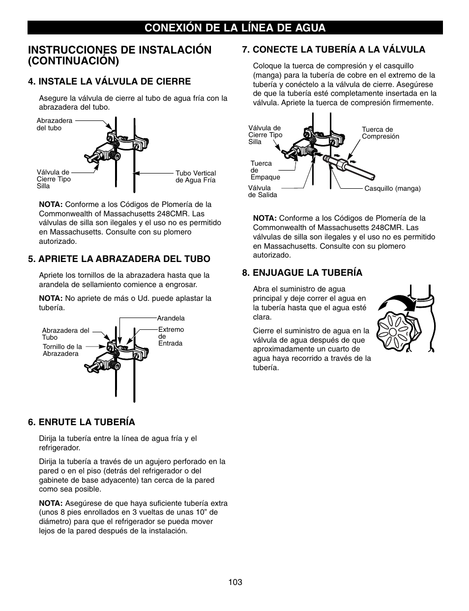 Instrucciones de instalación (continuación), Conexión de la línea de agua | LG LFX21970 User Manual | Page 103 / 109