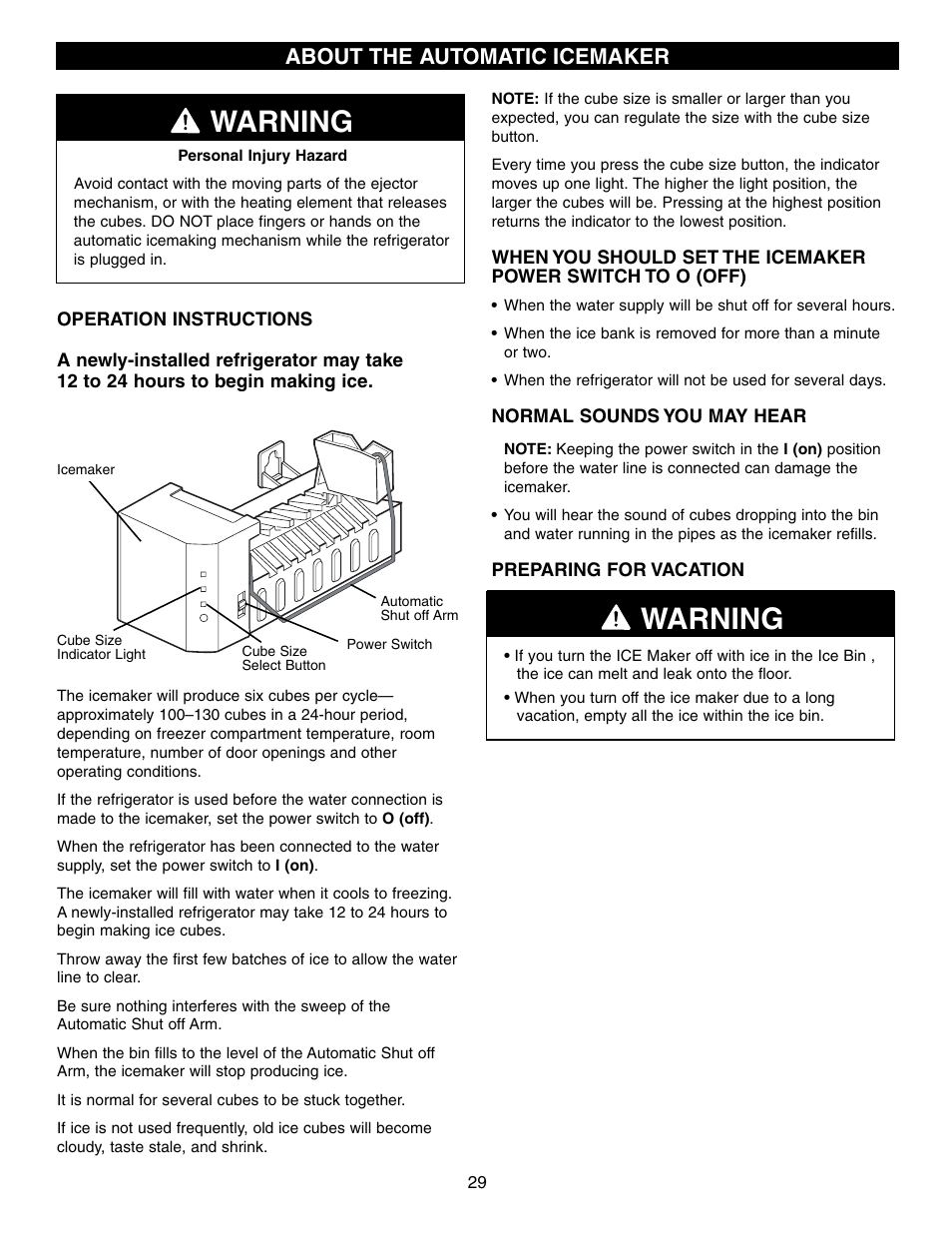 Warning, About the automatic icemaker | LG LFX21970 User Manual | Page 29 / 109