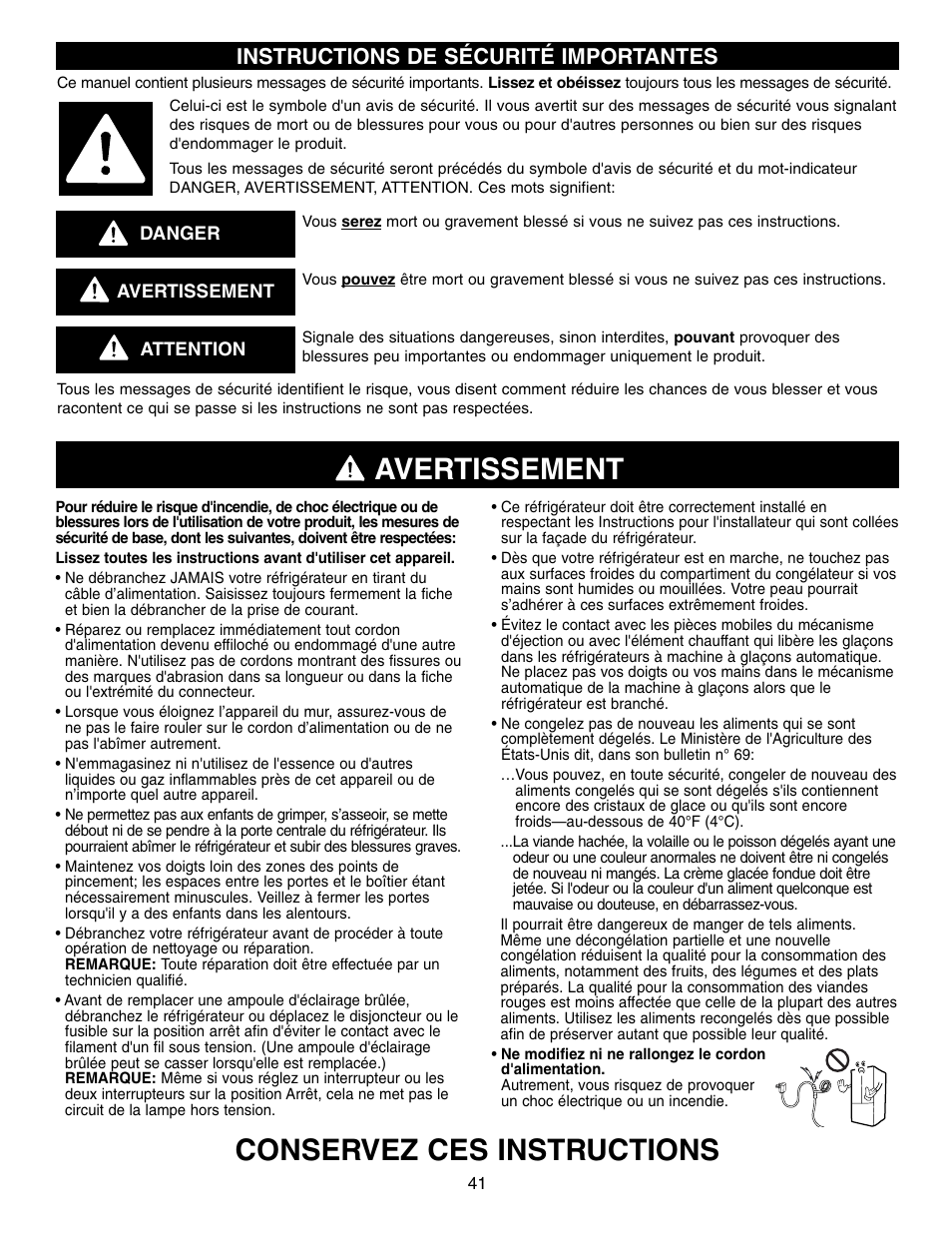 Avertissement, Conservez ces instructions, Instructions de sécurité importantes | LG LFX21970 User Manual | Page 41 / 109