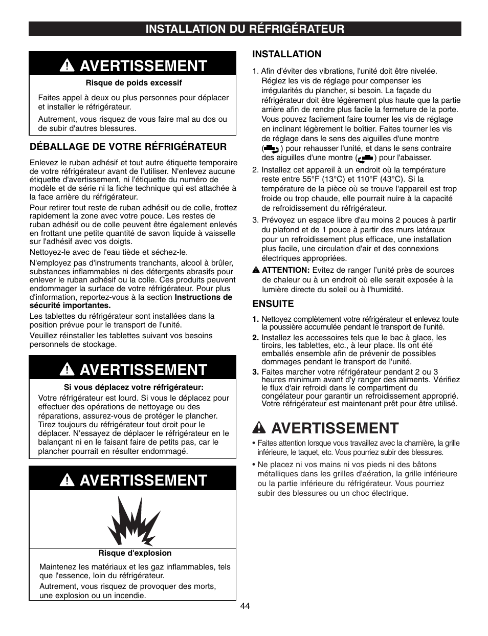 Wavertissement, Avertissement, Installation du réfrigérateur | LG LFX21970 User Manual | Page 44 / 109