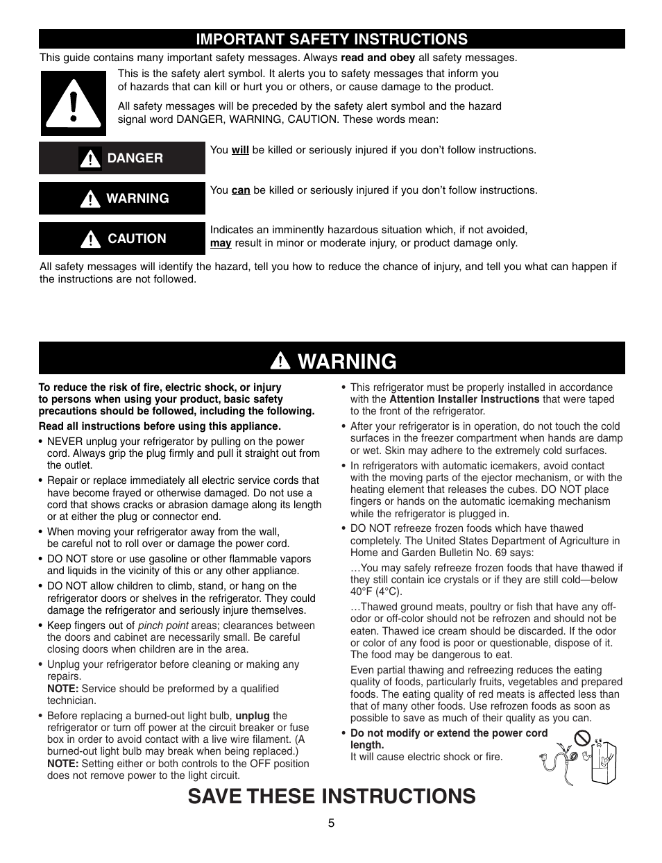 Warning, Save these instructions, Important safety instructions | LG LFX21970 User Manual | Page 5 / 109