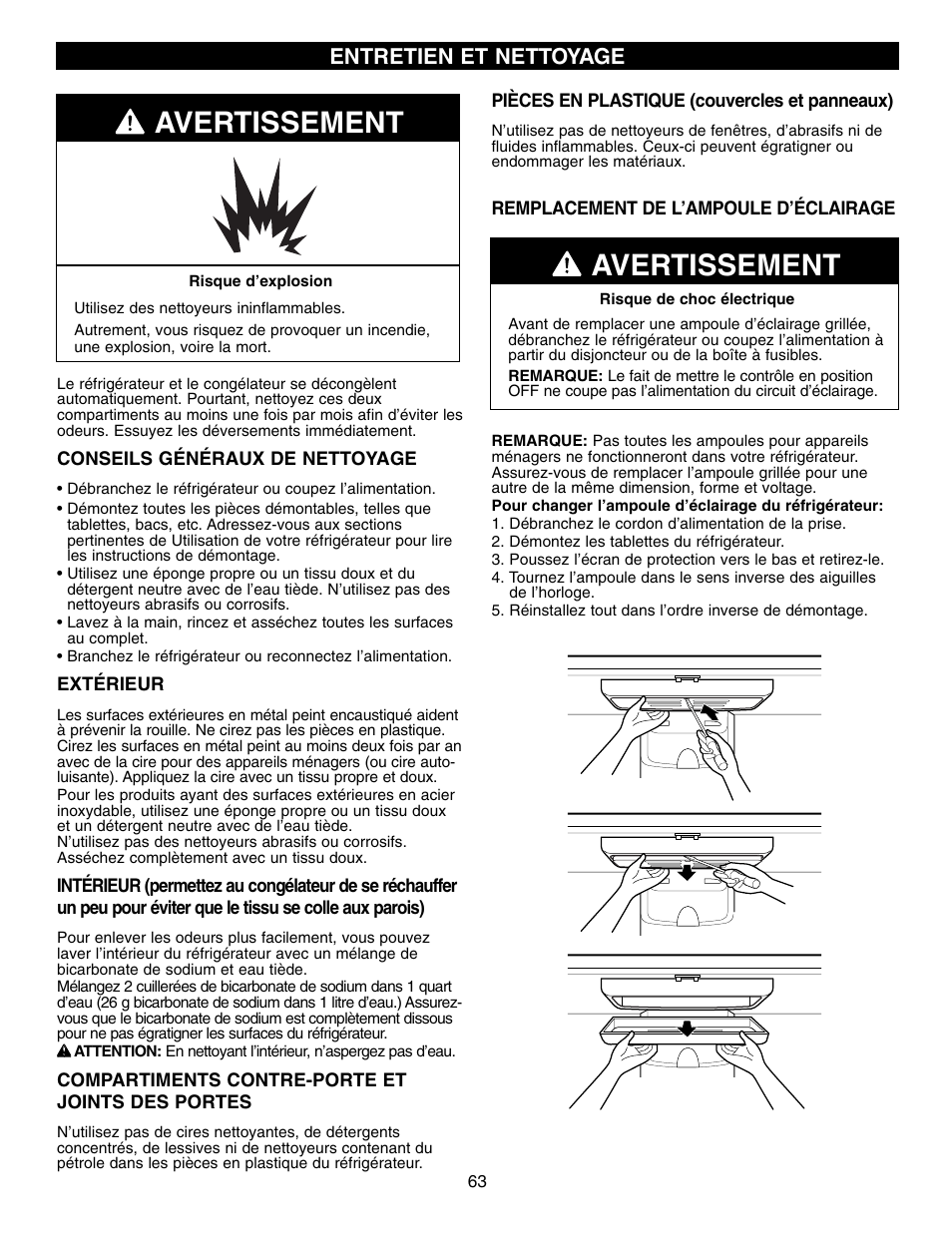 Avertissement, Entretien et nettoyage | LG LFX21970 User Manual | Page 63 / 109