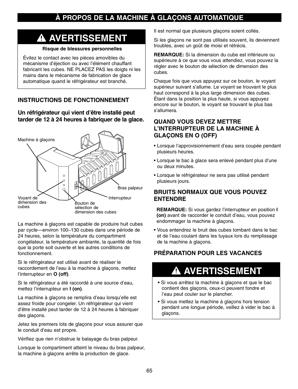 Avertissement, À propos de la machine à glaçons automatique | LG LFX21970 User Manual | Page 65 / 109