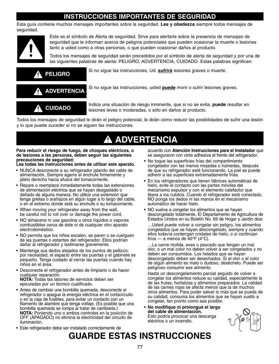 Advertencia, Guarde estas instrucciones, Instrucciones importantes de seguridad | LG LFX21970 User Manual | Page 77 / 109