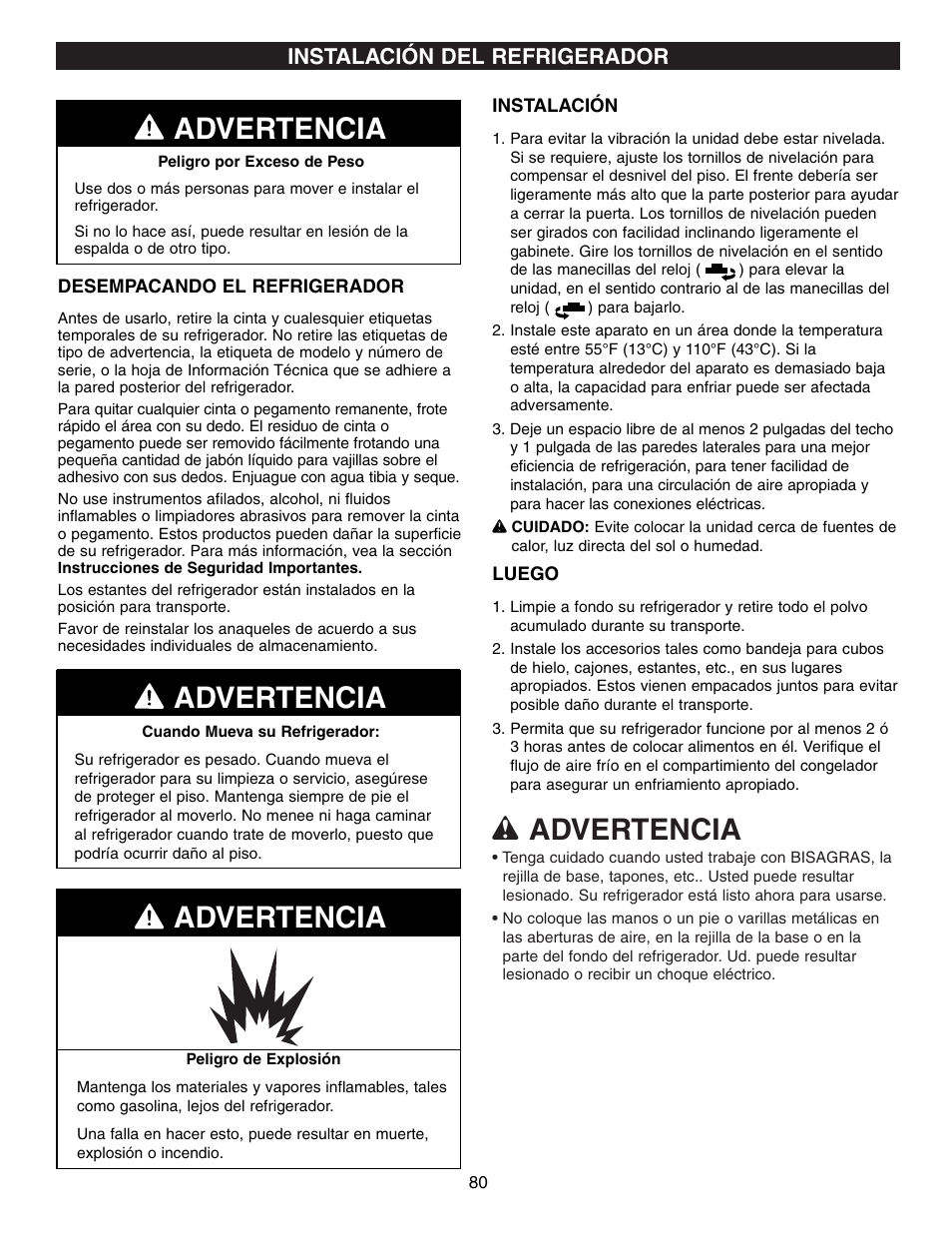 Wadvertencia, Advertencia, Instalación del refrigerador | LG LFX21970 User Manual | Page 80 / 109