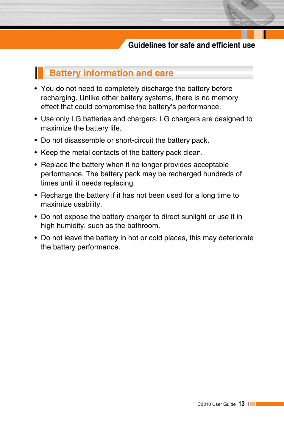 Battery information and care | LG C3310 User Manual | Page 12 / 89