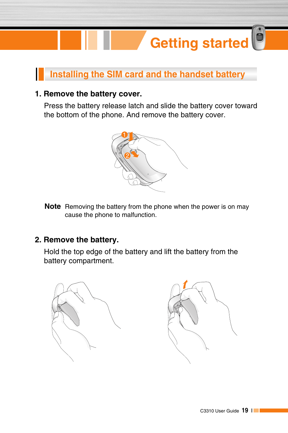 Getting started, Installing the sim card and the handset battery | LG C3310 User Manual | Page 18 / 89