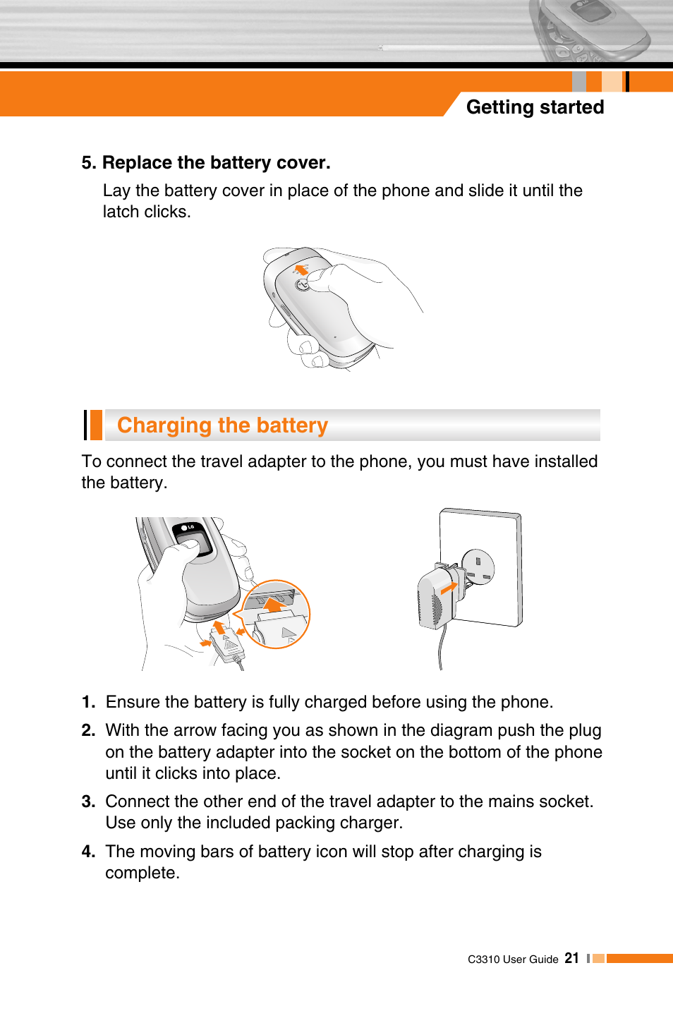 Charging the battery | LG C3310 User Manual | Page 20 / 89