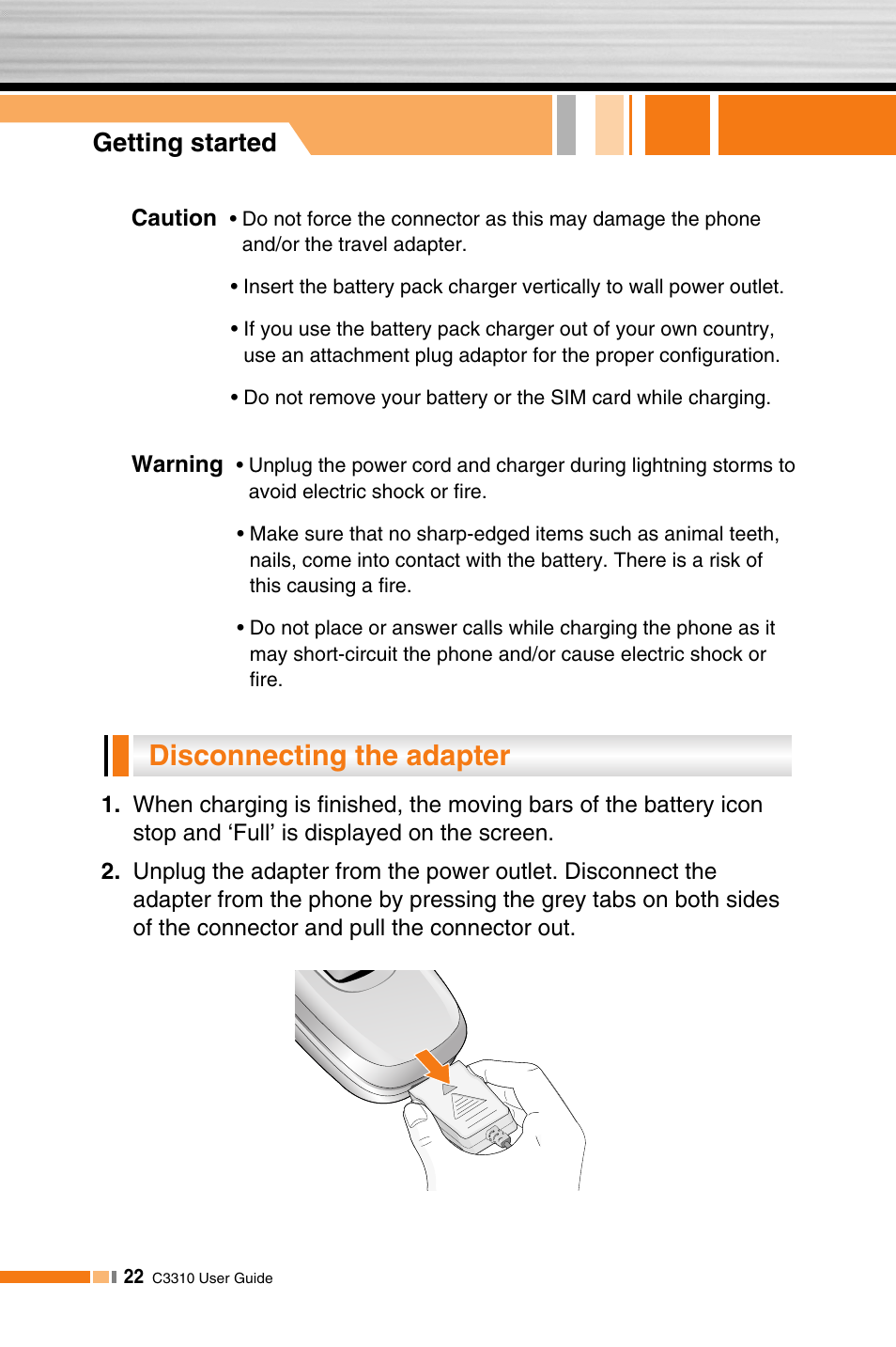 Disconnecting the adapter, Getting started | LG C3310 User Manual | Page 21 / 89