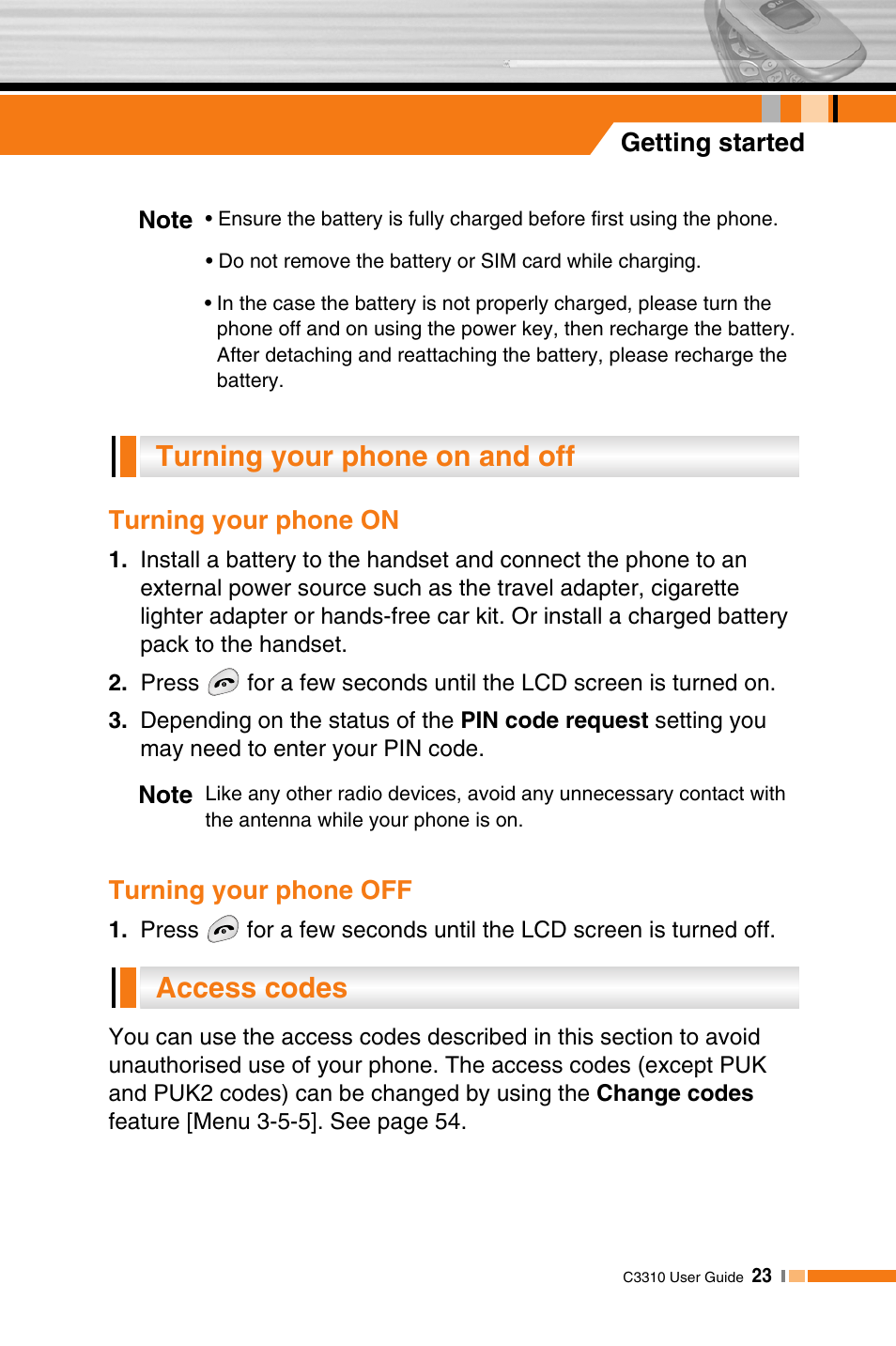 Access codes turning your phone on and off | LG C3310 User Manual | Page 22 / 89