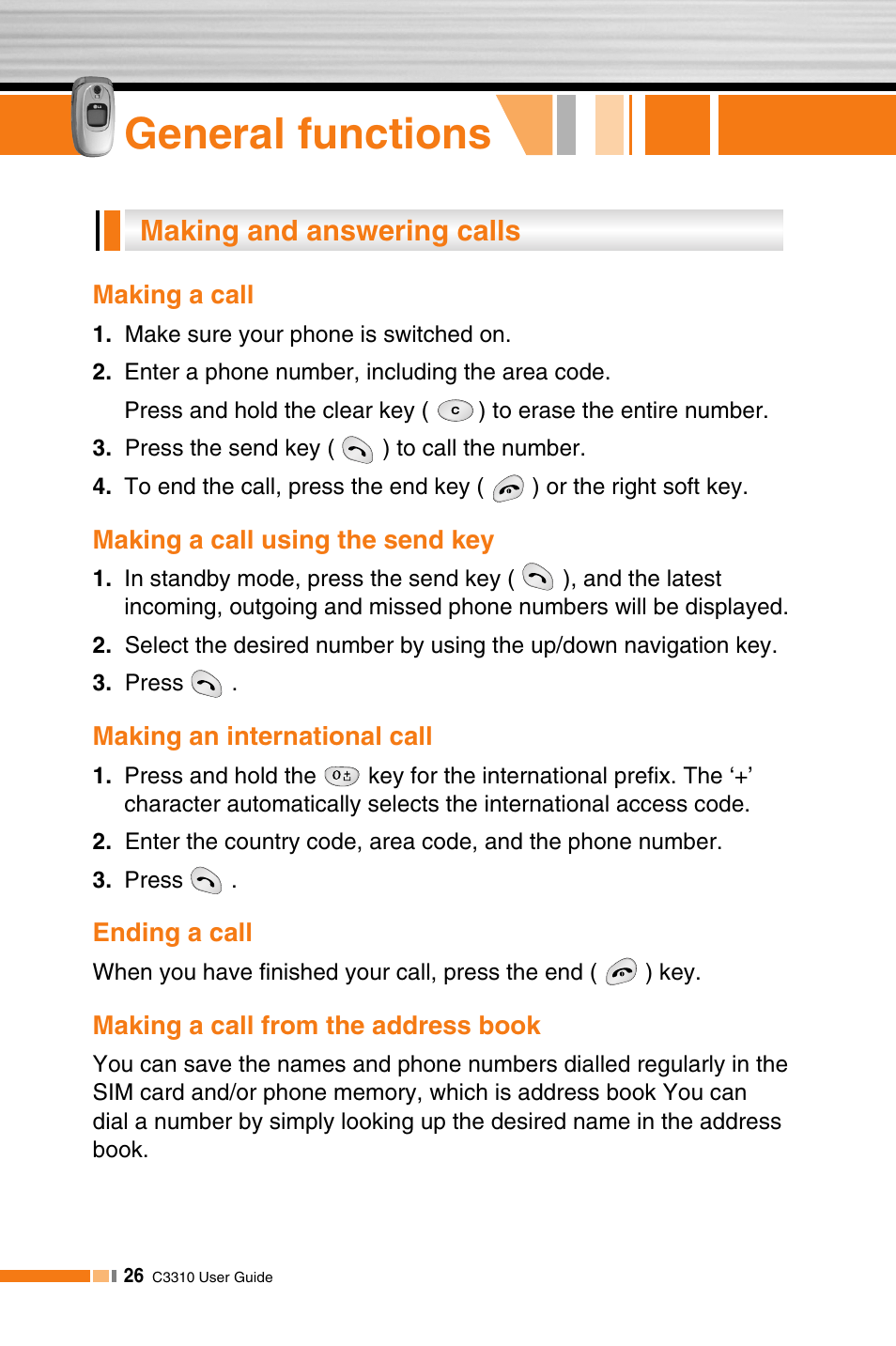 General functions, Making and answering calls | LG C3310 User Manual | Page 25 / 89