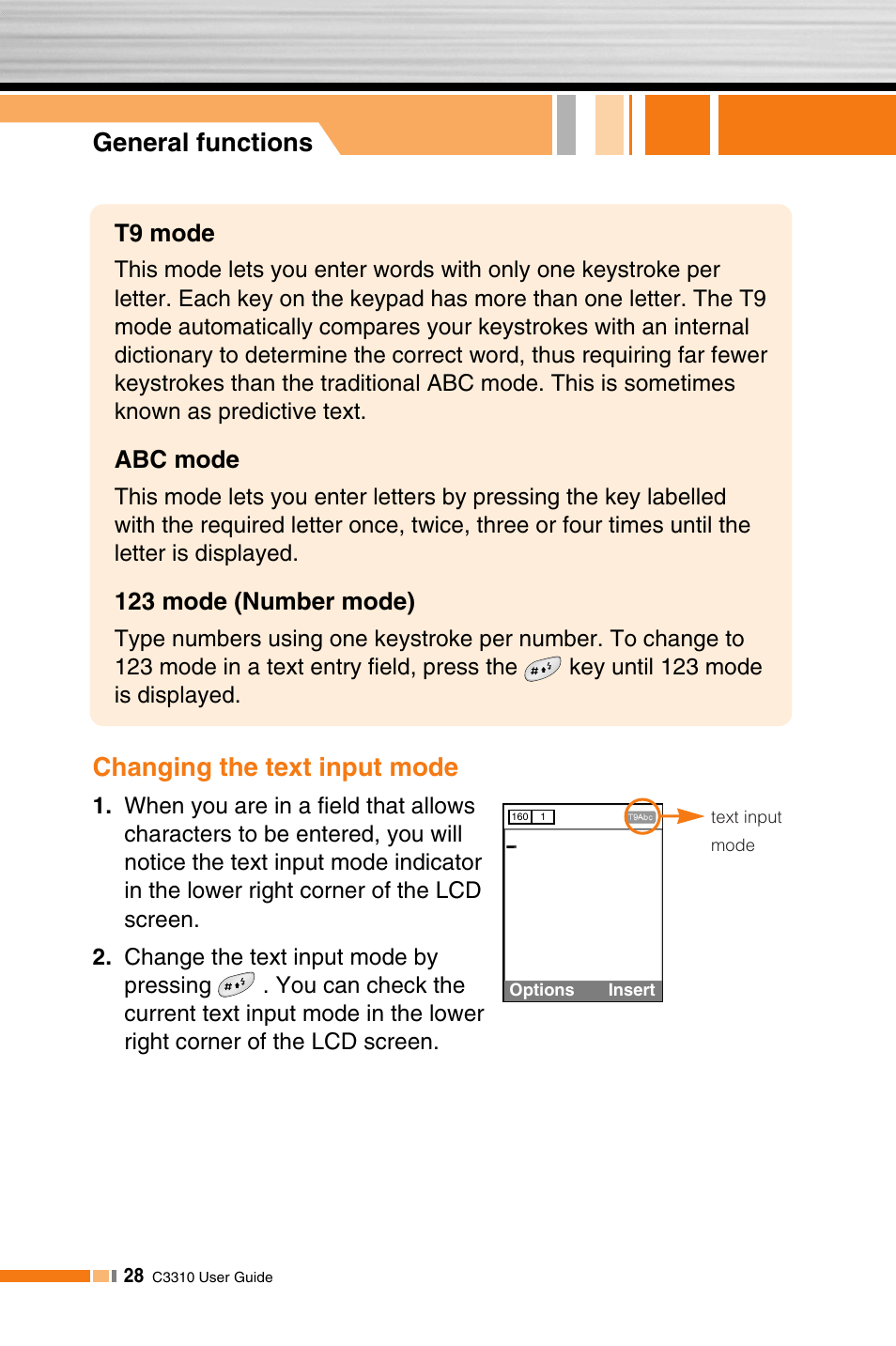 General functions changing the text input mode | LG C3310 User Manual | Page 27 / 89