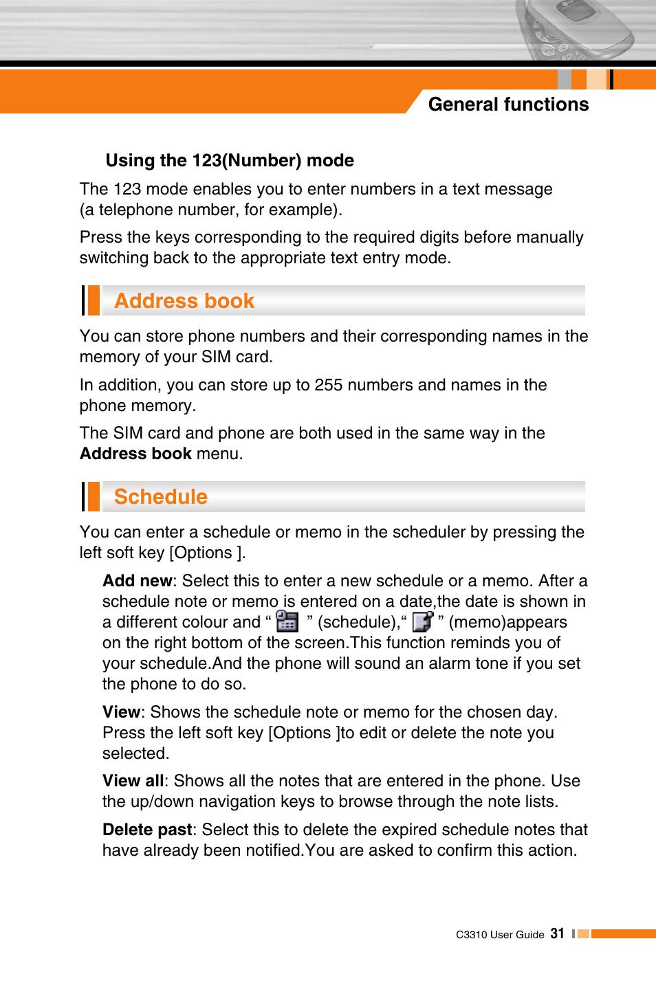 Schedule address book | LG C3310 User Manual | Page 30 / 89