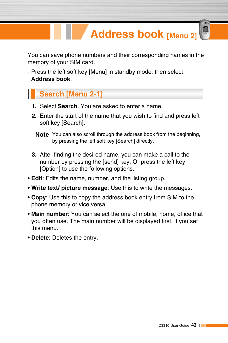 Address book, Menu 2, Search [menu 2-1 | LG C3310 User Manual | Page 42 / 89