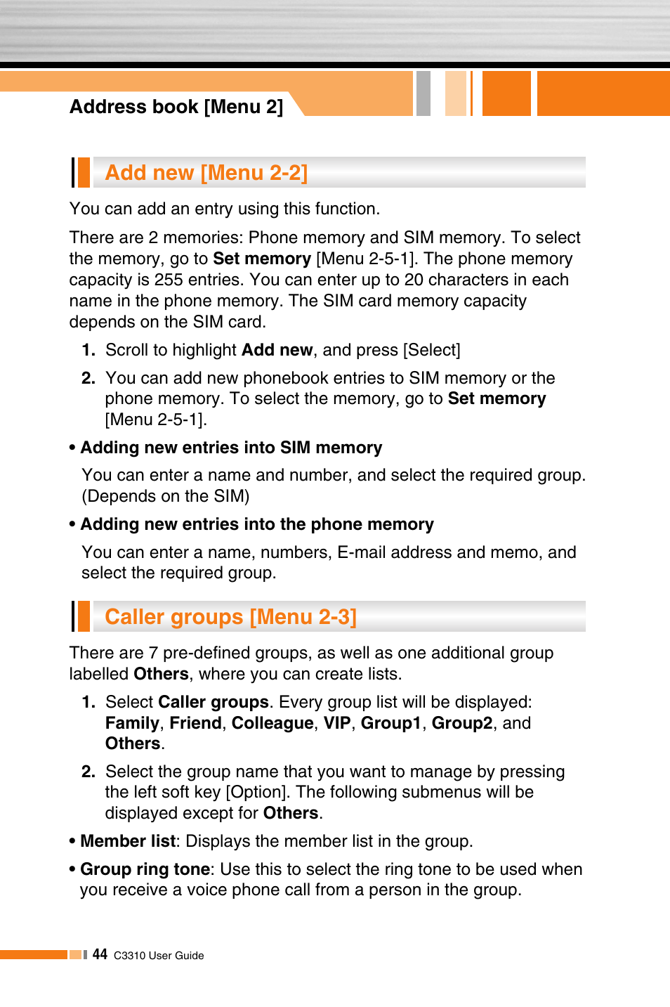 Caller groups [menu 2-3] add new [menu 2-2 | LG C3310 User Manual | Page 43 / 89