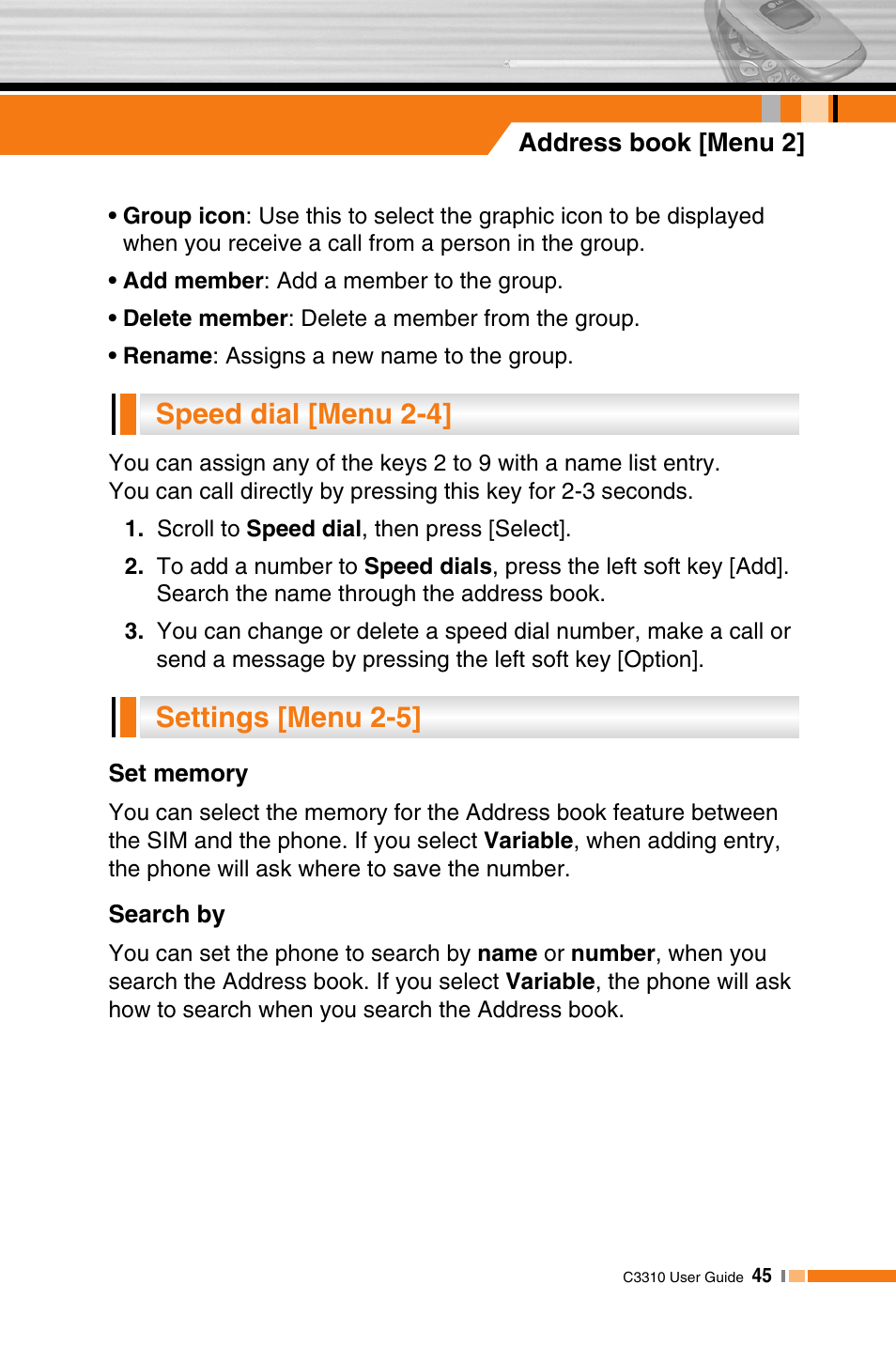 Settings [menu 2-5] speed dial [menu 2-4 | LG C3310 User Manual | Page 44 / 89